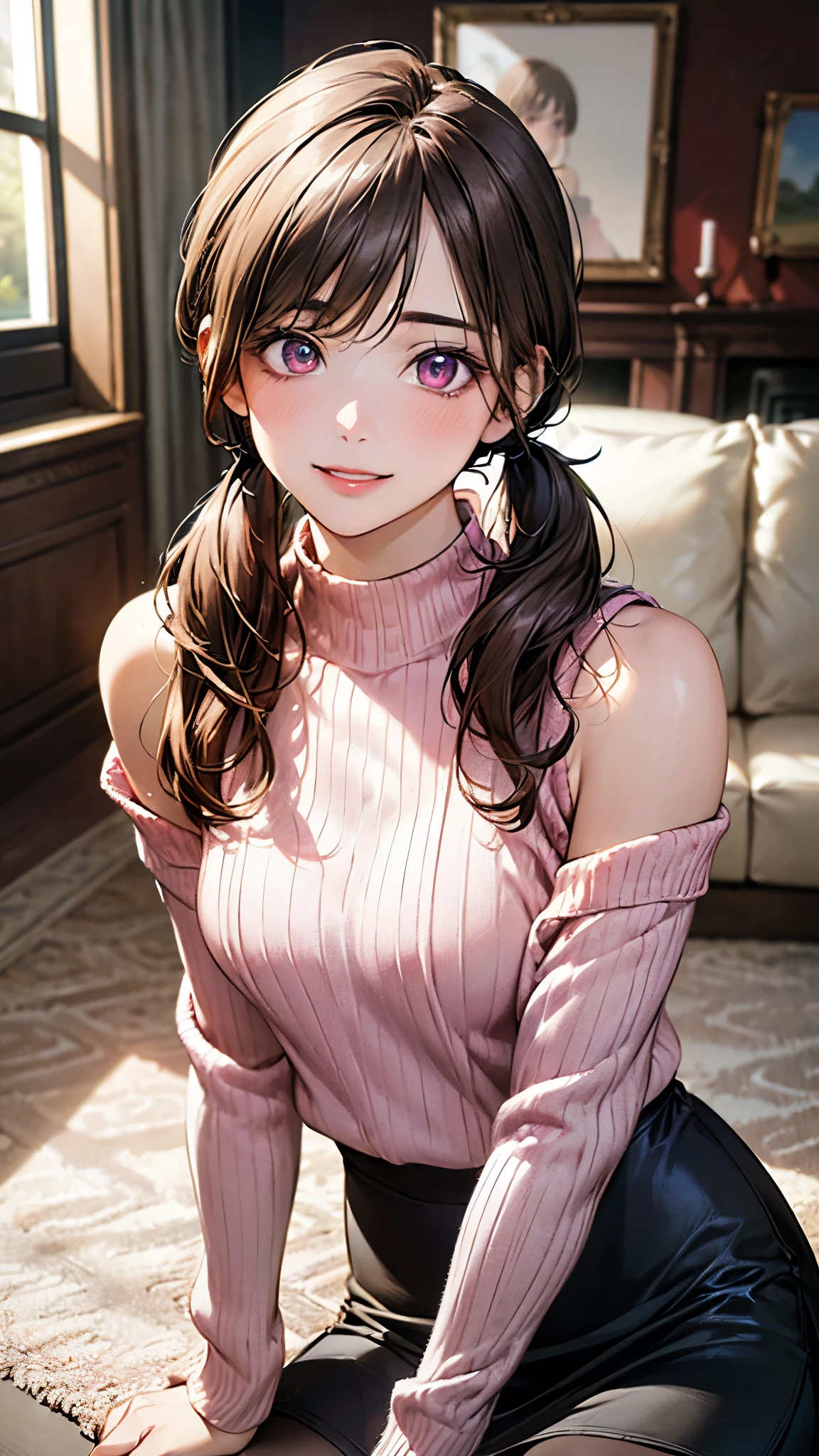 (masterpiece:1.2, top-quality), (realistic, photorealistic:1.4), beautiful illustration, (natural side lighting, movie lighting), depth of fields,
looking at viewer, 1 girl, japanese, high school girl, perfect face, cute and symmetrical face, shiny skin,
(long hair:1.7, (two side up:1.4), black hair), blunt bangs, swept bang, purple eyes, long eye lasher, (medium breasts), slender, light red hair ribbon,
beautiful hair, beautiful face, beautiful detailed eyes, beautiful clavicle, beautiful body, beautiful chest, beautiful thigh, beautiful legs, beautiful fingers,
((white fur jacket, pink sweater, brown burberry check mini skirt)), boots,
(beautiful scenery), evening, (riverside), walking, hands on chest, (blush, surprised),