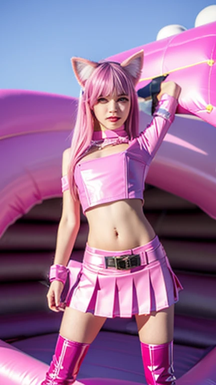  teenager with pink hair, slim model, Latex BH  ,  pleats latex skirt pink,  latex arm warmer ,  knee-high latex boots, Cat ears, bouncy castle  ,  realistic , 