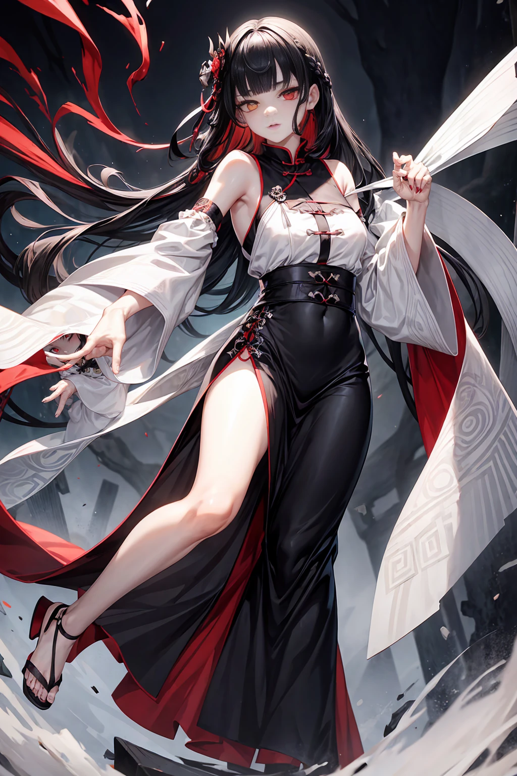 1 girl ,(big Stigmata) , ruined church, bloody rosary , (floating hair, floating skirt), ((blood sea)),from side, character focus, ((black light)),((dark lighting)), cinematic lighting ,(darkness), (concept art), ((rape face)) ,black long straight hair, black hair, pigtail hairstyles, long straight pigtails, hair ribbon , red eyes color, short black dress, tight black dress, absolute territory, thigh high socks, (glowing eyes), high resolution,(incredibly absurdres) ,extremely detailed CG unity 8k wallpaper, ((masterpiece)), ((top-quality)), (beautiful illustration), ((an extremely delicate and beautiful)), (masterpiece, Best quality, ultra high resolution), Black hair, pale skin, Black Crown, red eyes, Luminous_eyes, neon eyes, ultra detailed eyes, Beautiful and detailed face, detailed eyes, (Centered, torso), (tears), (wide shot:0.9), facing the viewer, Eye levell