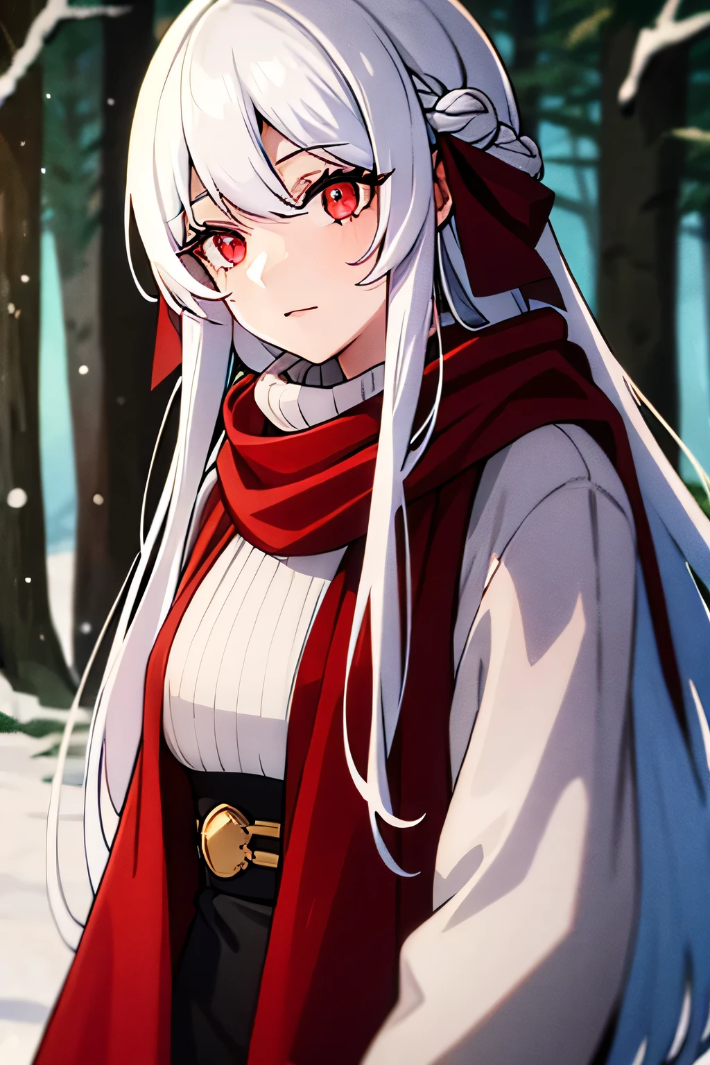  girl with long white hair,  with red eyes,  left cheek scar , winter forest,  christmas clothes