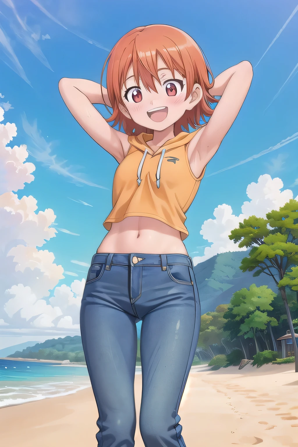 masterpiece,best quality,ultra detail,1girl, yo, pee, ((round face, ecstasy, orgasm face, drooping eyes, shame smiling, blush)), dropping eyes, sleepy, background((under the beach, (day:1.2), under sand beach, bright sky)), takenouchi_sora, short hair, orange hair, red eyes, arms behind head, contrapposto, spread armpits, looking at viewer,, Yellow hoodie shirt, Yellow crop top, (jeans pants:1.2, flares jeans:1.2, skinny jeans:1.2, blue jeans:1.2), standing, (legs spread:3:1), dynamic pose, Sweaty crotch, Steam from the crotch, from below, full body