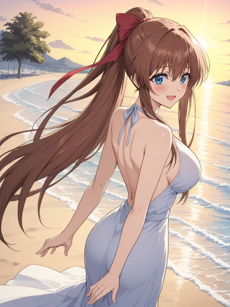 masterpiece, best quality, KanzakiAoi, 1girl, solo, long hair, brown hair, blue eyes, large breasts, hair ribbon, high ponytail, smile, happy, blush, Backless Dress, white dress, A beach bathed in sunlight filtering through the trees, She accentuates her backless dress, cinematic angle,