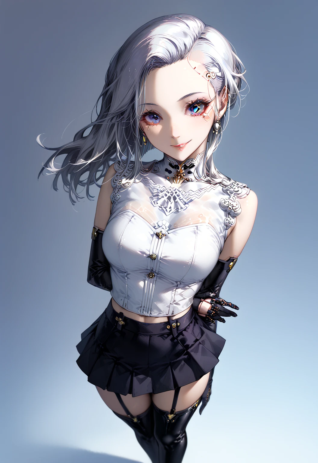 Twin tails, happy face, square neck, 1girl, (masterpiece:1.1), (white 
see-through-blouse:1.1) (best quality:1.1), (plaid skirt:1.1), high-waisted long skirt, BREAK [blue:pink:0.5] theme, (gradient background: 1.1 ), cowboy shot, break silver hair, long hair,, green eyes, delicate headgear