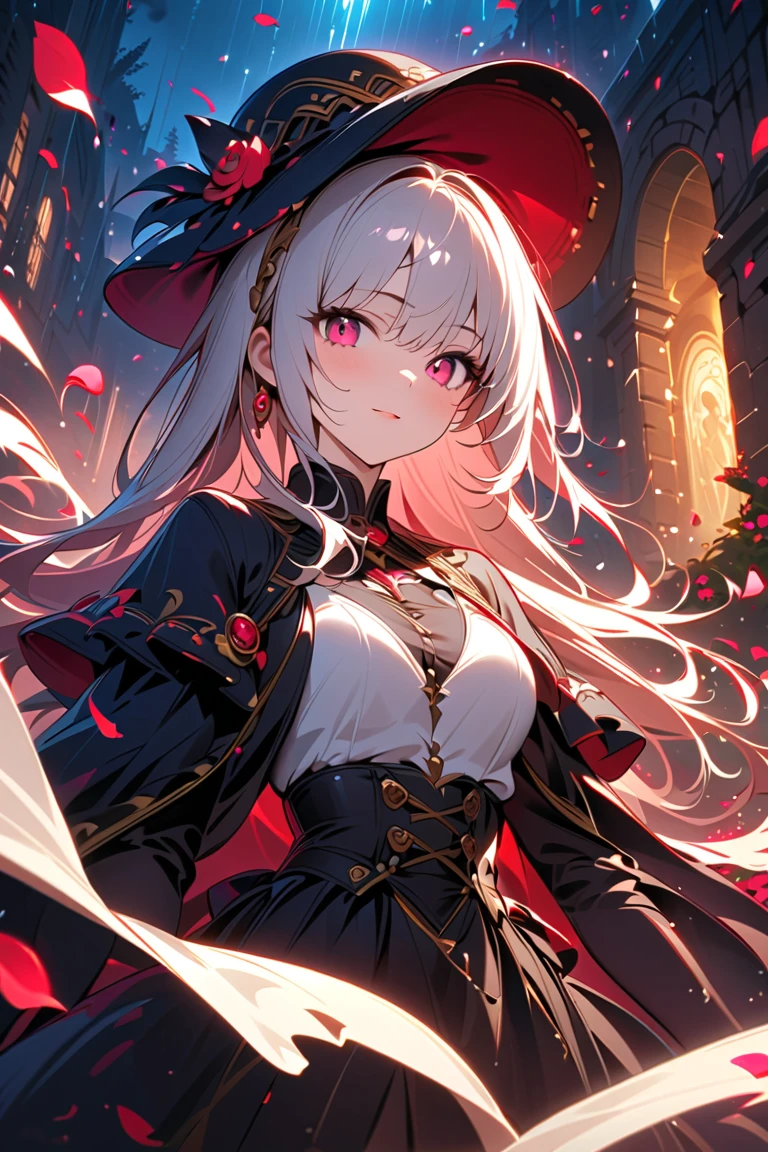 masterpiece, best quality, 1girl, (colorful),(finely detailed beautiful eyes and detailed face),bust shot,extremely detailed CG unity 8k wallpaper,white hair,solo,smile, cool skirt,((flying petal)),(Flowery meadow) sky, cloudy_sky, building, moonlight, moon, night, (dark theme:1.3), light,fantasy, high contrast hdr, ink strokes, over exposure, purple and red tone impression , abstract, ((watercolor painting by John Berkey and Jeremy Mann )) brush strokes, negative space,black pantyhose, ((pink giant laser sword)), studio ufotable style, demon slayer, white hair, ((neko ears)), aesthetic scenery, best Anime of the year, cool eyes