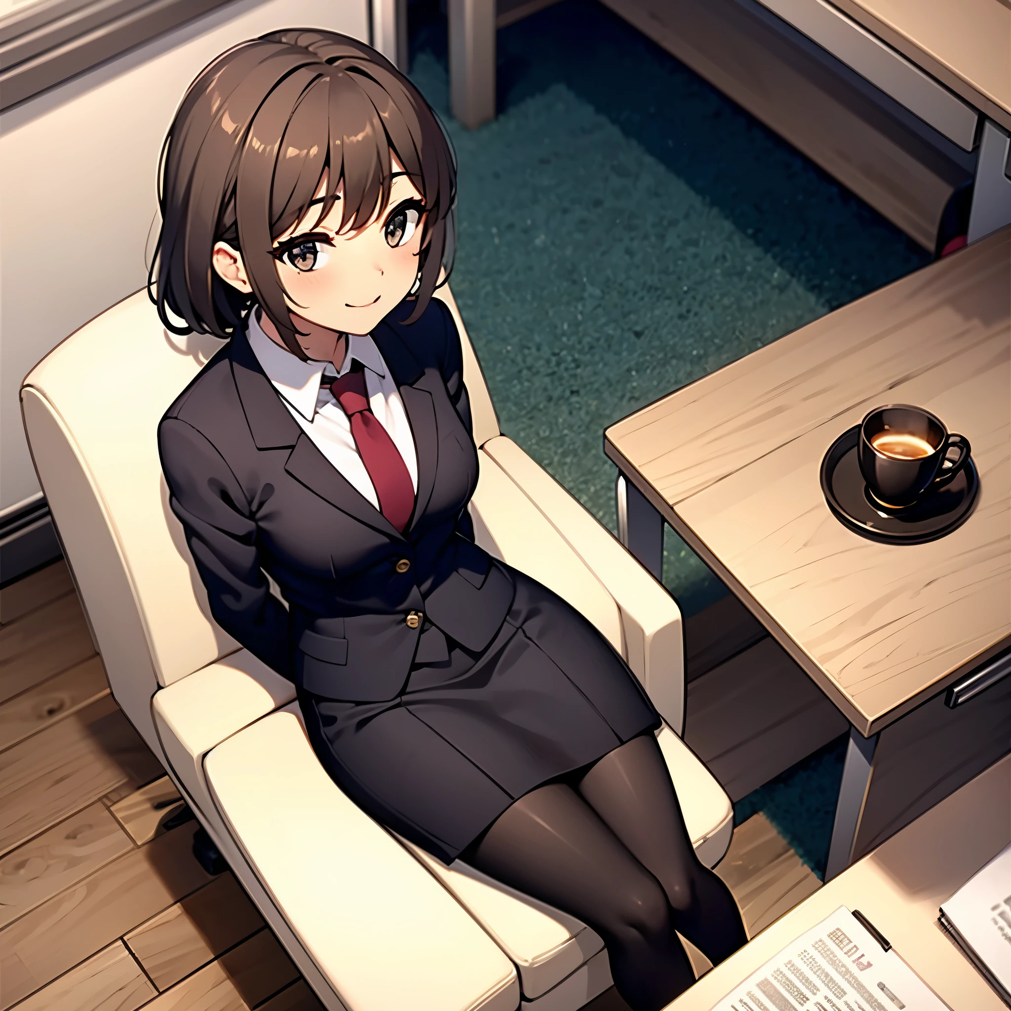 indoor, inside office, office desk, 1 lady, masterpiece, UHD, 8k, Best quality, wearing dark navy blue office lady suit, black pantyhose, from above, focus face, sitting office chair, drinking tea use teacup, surprise face,