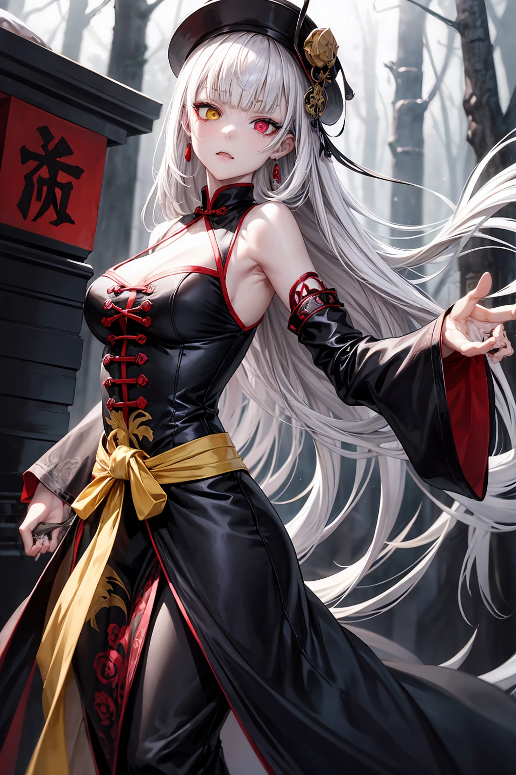An image of demon with white hair and red eyes holding swords by an orange sun, arma, espada, chifres, 1girl, roupas japonesas, Katana, quimono, sozinho, Olhos vermelhos, segurando espada, jewelries, propriedade, brincos, Cabelos Longos, Olhando para o Viewer, bainha, eles, rabo-de-cavalo, tatuagem, cabelos brancos, chifres vermelhos