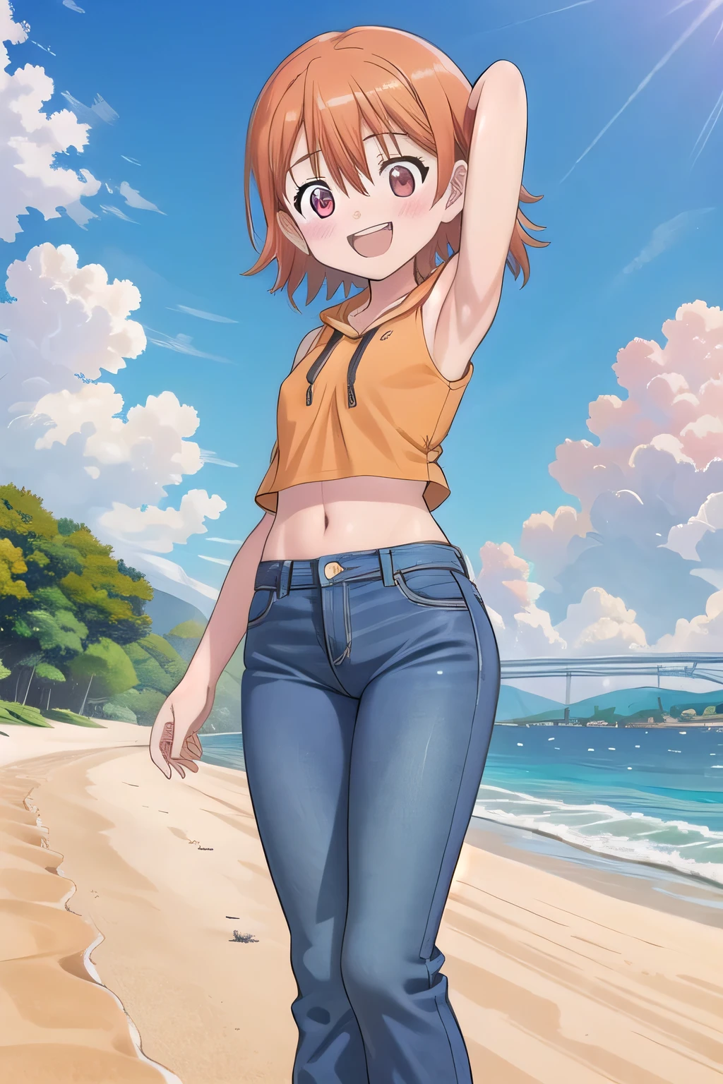 masterpiece,best quality,ultra detail,1girl, 14yo, petite, ((round face, ecstasy, orgasm face, drooping eyes, shame smiling, blush)), dropping eyes, sleepy, background((under the beach, (day:1.2), under sand beach, bright sky)), takenouchi_sora, short hair, orange hair, red eyes, arms behind head, contrapposto, spread armpits, looking at viewer,, Yellow hoodie shirt, Yellow crop top, (jeans pants:1.2, flares jeans:1.2, skinny jeans:1.2, blue jeans:1.2), standing, (legs spread:3:1), dynamic pose, Sweaty crotch, Steam from the crotch, from below, full body