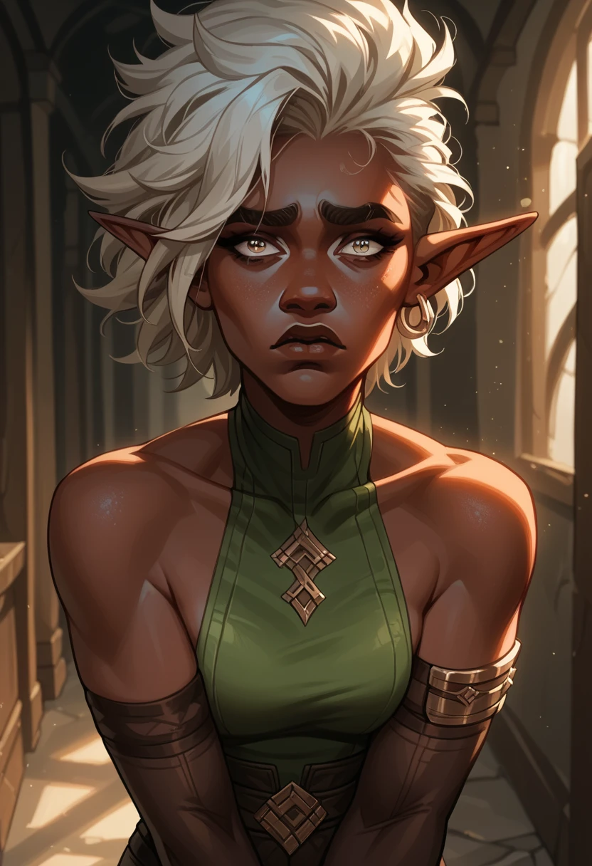 1female elf is standing, looking at viewer, cool hair, big eyebrows, (dark skin), nervous expression, shy expression, stockings 
BREAK
(arcane_style), score_9, score_8_up, score_7_up, score_6_up, score_5_up, score_4_up
