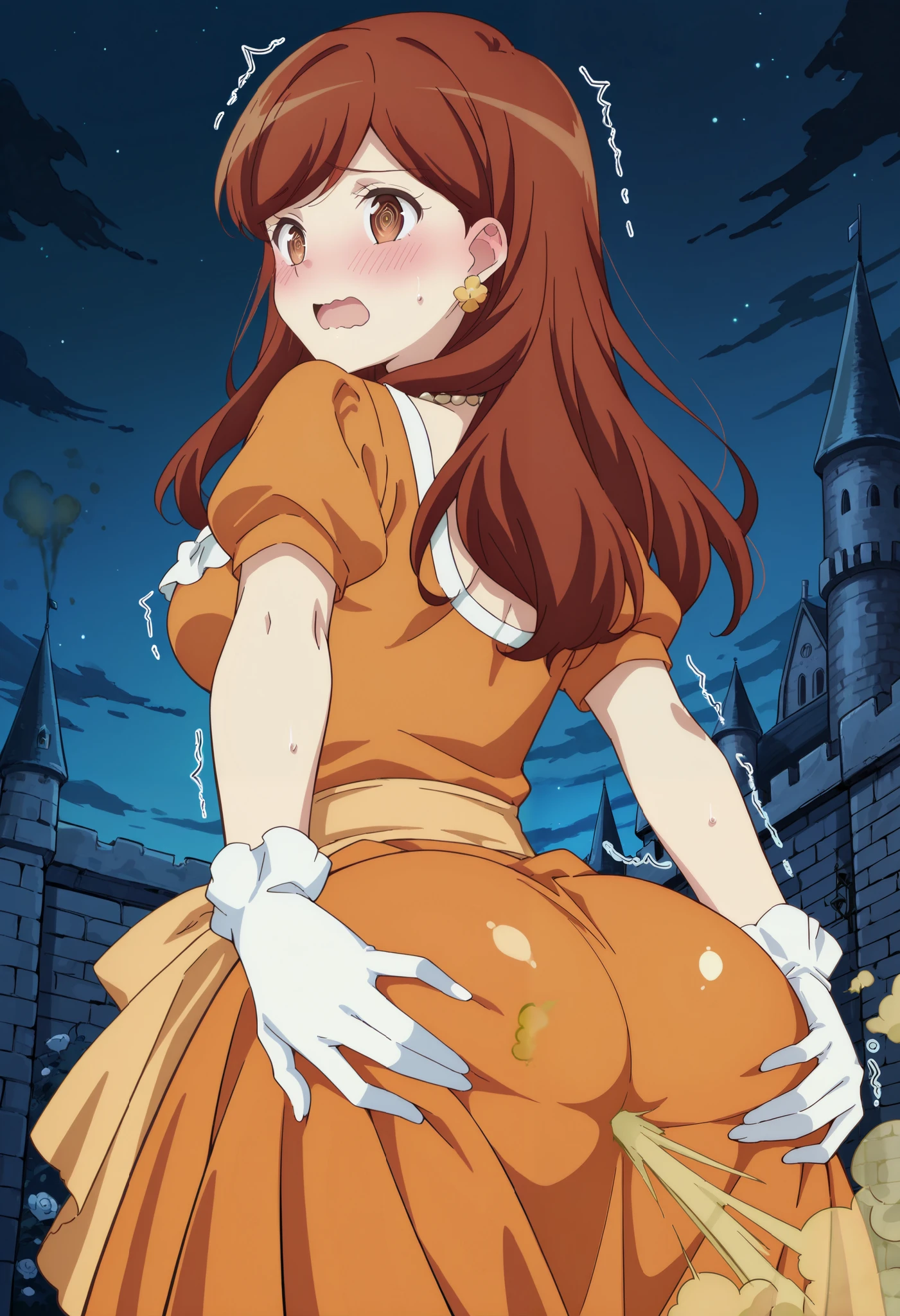 masterpiece, best quality, absurdres, highres, newest, score_9, score_8_up, score_7_up, source_anime, 1girl, solo, mary hunt, long hair, brown hair, brown eyes, jewelry, necklace, orange dress, own hands together, earrings, gloves, flower, bend over, looking from behind, sweat, worried, open mouth, @_@, wavy mouth, blush, trembling, shaking, shiny skin, trying to cover ass, hands on ass, spreading ass, presenting ass, ass, ((fart)), ((farting)), anime coloring, sky, night, castle,