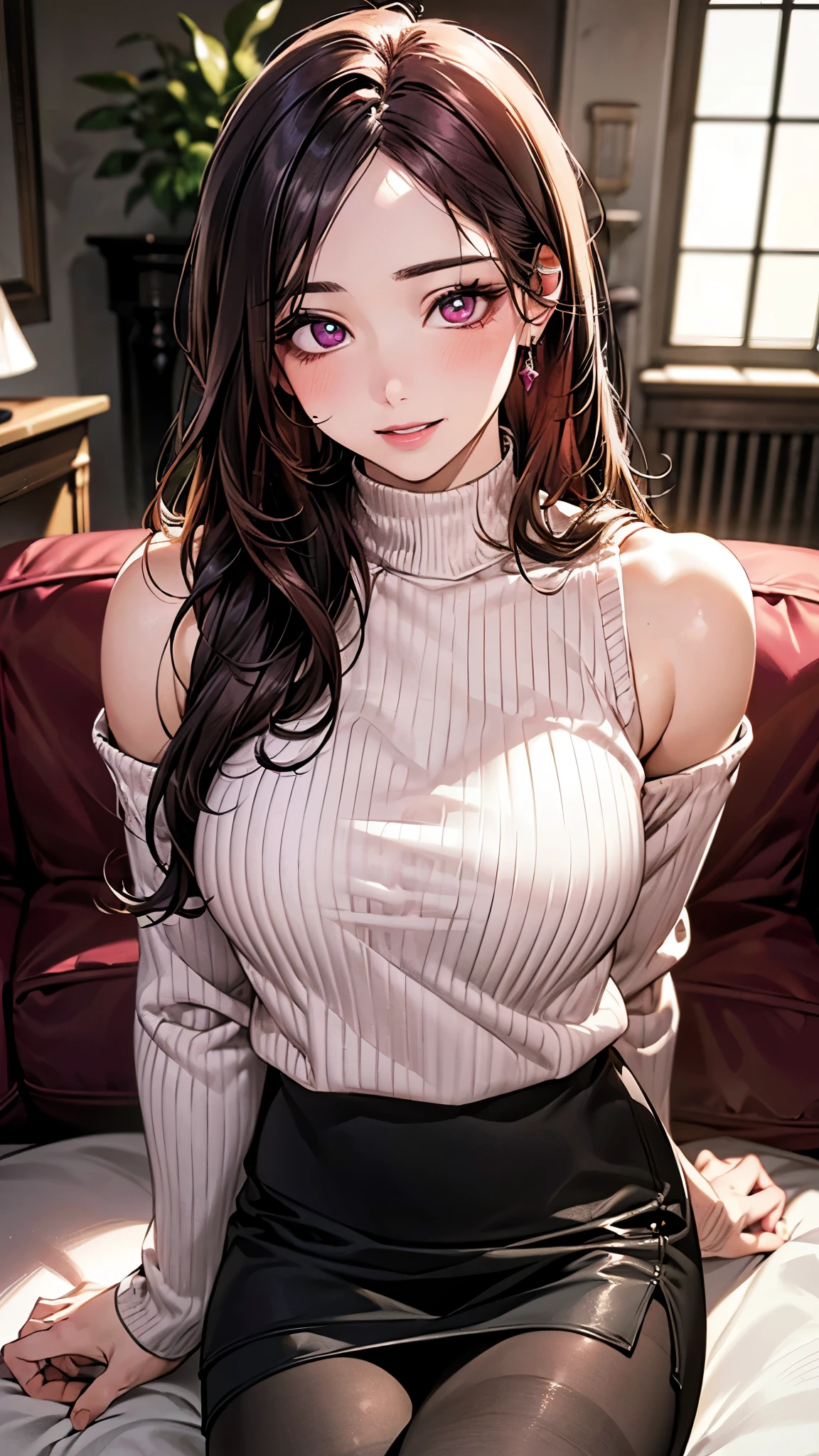 https://www.seaart.ai/explore/detail/co97emde878c73ch9jdg(masterpiece:1.3), High resolution, super detailed, Highly detailed CG Unity 8K wallpaper, realistic, photo-realistic, Raw photo, beautiful and detailed face, pale skin, realistic glistening skin, fine cloth texture, detailed hair texture, perfect body, beautiful face, Accurate, anatomically correct, Highly detailed face and skin texture, natural neck length, (beautiful hands), (Fair skin:1.2), thin legs, thin legs, 
break, 
fine eyes, symmetrical eyes, light brown eyes, double eyelid, thin eyebrows, (glossy lips:1.4), (smile gently:1.2), 
break, 
(NSFW:1.1), (classy and cute girl:1.3), (1 girl), ((Wearing a white sleeveless turtleneck midriff sweater:1.3)), ((No bra:1.1)),  (black pleated skirt), (Knee-high boots),  
(medium big breasts, slender body shape, toned abdominal muscles, firm chest:1.1), beautiful clavicle, 
(dark blonde hair, wavy hair, long hair:1.2), ((asymmetrical bangs:1.2)), 
break, 
((Sit on a high chair by the window with your knees up:1.3)), (from below:1.2), (looking down at the viewer:1.2), ((focus on legs:1.2)),
((In a modern Japanese office at night:1.2)), (full body shot:1.2),