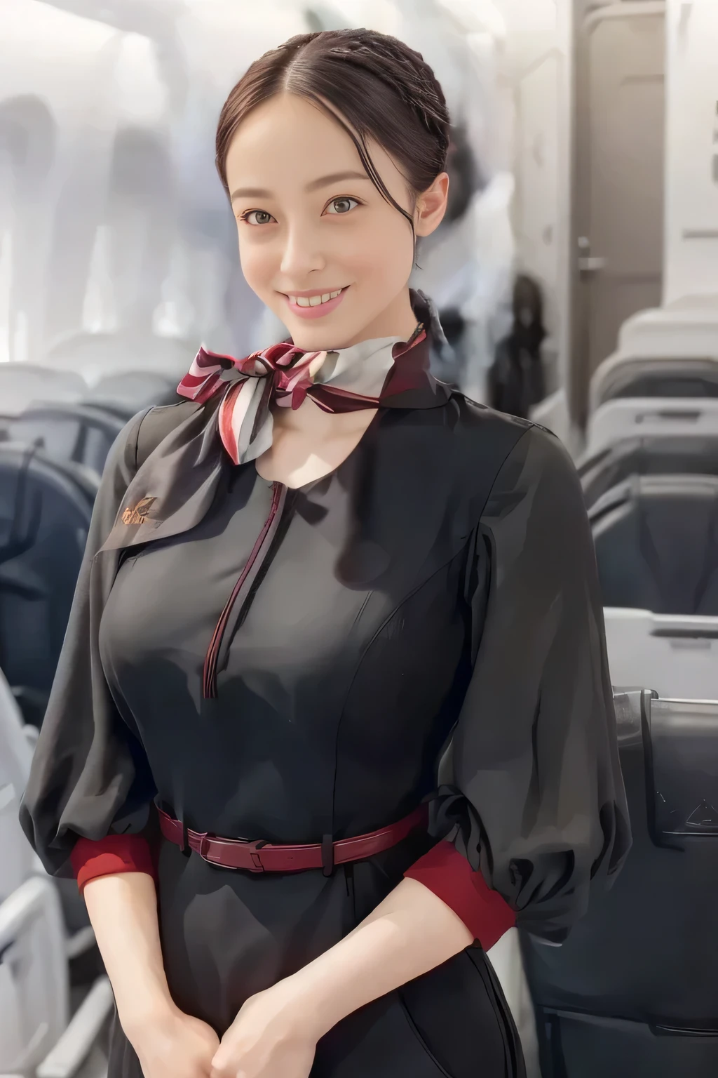 (masterpiece:1.2,  top quality :1.2), 32kHDR,  high definition  , (Alone、  1 girl)、（ on board）、In-flight background、（  wearing a JAL flightattendant uniform  ）、（（ short sleeve jumper skirt in a JAL flightattendant uniform {x} JAL flightattendant uniform 、Red belt wrapped around the waist  、 Scarf around the neck ））、  dark brown hair  、（  Super Long Hair Wrap Hair、Braid Wrap Up Hair ）、 、 long hit 、Big Breasts、Thin legs、（（ amazing hands：2.0）），（（ harmonious body proportions ：1.5）），（（Normal limbs：2.0）），（（Usually ：2.0）），（（ Delicate eyes：2.0）），（（Normal eyes：2.0））)、smile、（ beautiful standing figure wearing a JAL flightattendant uniform  ）、Hands folded under the body 