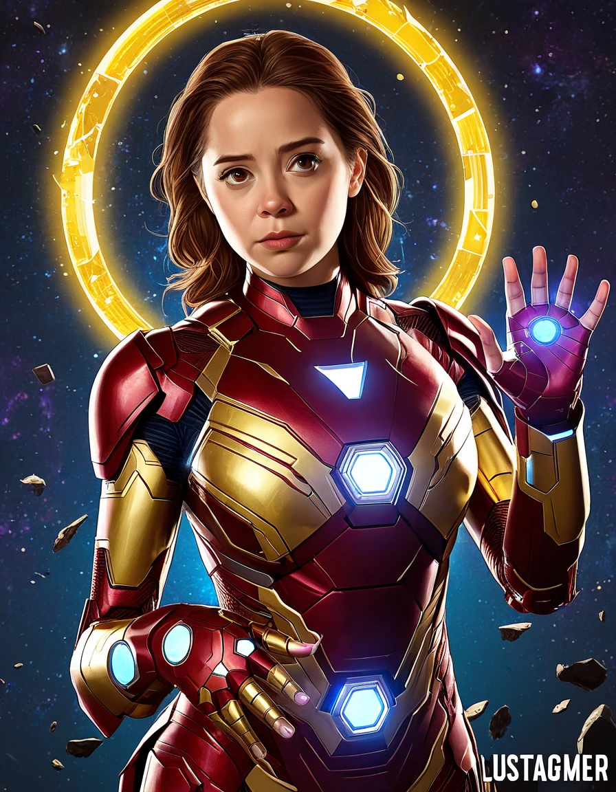 Logo with stylized bold letters that reads "LUSTIFY! Endgame" in the foreground as the main focus. A beautiful young woman with medium brown hair wearing Iron Man suit. Intense and focused facial expression. Her right hand is raised, holding a glowing, multi-colored Infinity Stone, which emits a bright yellow light. The suit is heavily damaged, with visibl