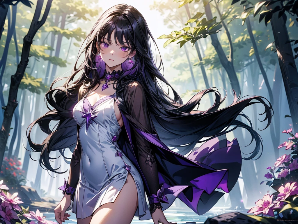 long black hair with inner dark purple hair, dark purple eyes, tall athletic body,mature face, elegant white dress
