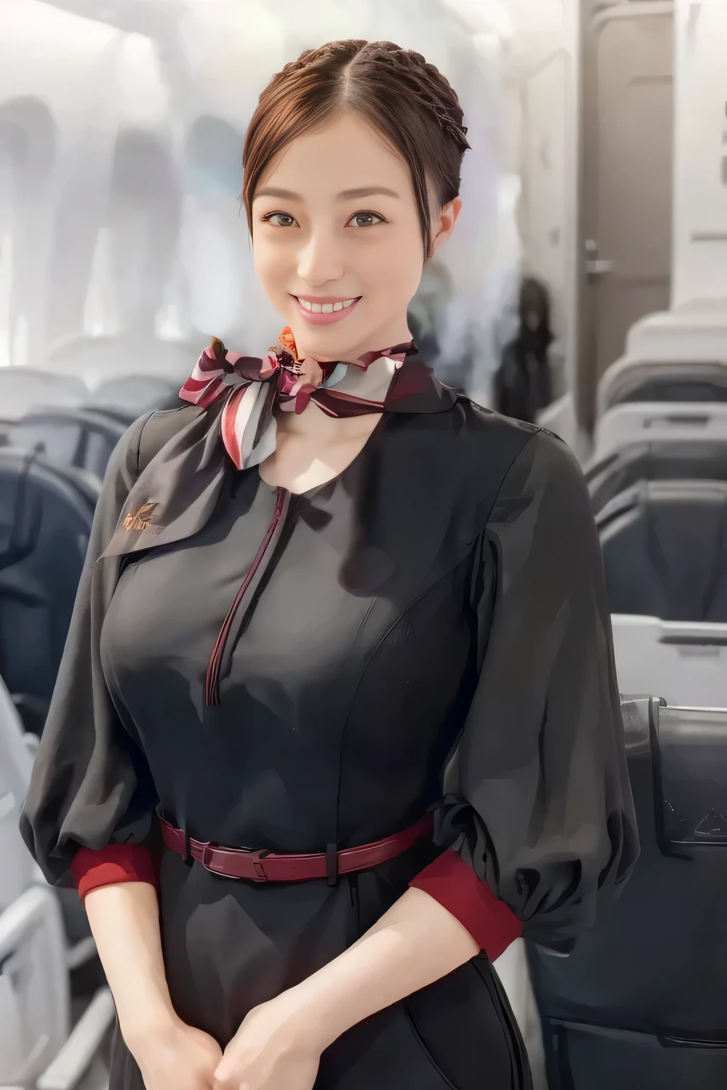 (masterpiece:1.2,  top quality :1.2), 32kHDR,  high definition  , (Alone、  1 girl)、（ on board）、In-flight background、（  wearing a JAL flightattendant uniform  ）、（（ short sleeve jumper skirt in a JAL flightattendant uniform {x} JAL flightattendant uniform 、Red belt wrapped around the waist  、 Scarf around the neck ））、  dark brown hair  、（  Super Long Hair Wrap Hair、Braid Wrap Up Hair ）、 、 long hit 、Big Breasts、Thin legs、（（ amazing hands：2.0）），（（ harmonious body proportions ：1.5）），（（Normal limbs：2.0）），（（Usually ：2.0）），（（ Delicate eyes：2.0）），（（Normal eyes：2.0））)、smile、（ beautiful standing figure wearing a JAL flightattendant uniform  ）、Hands folded under the body 