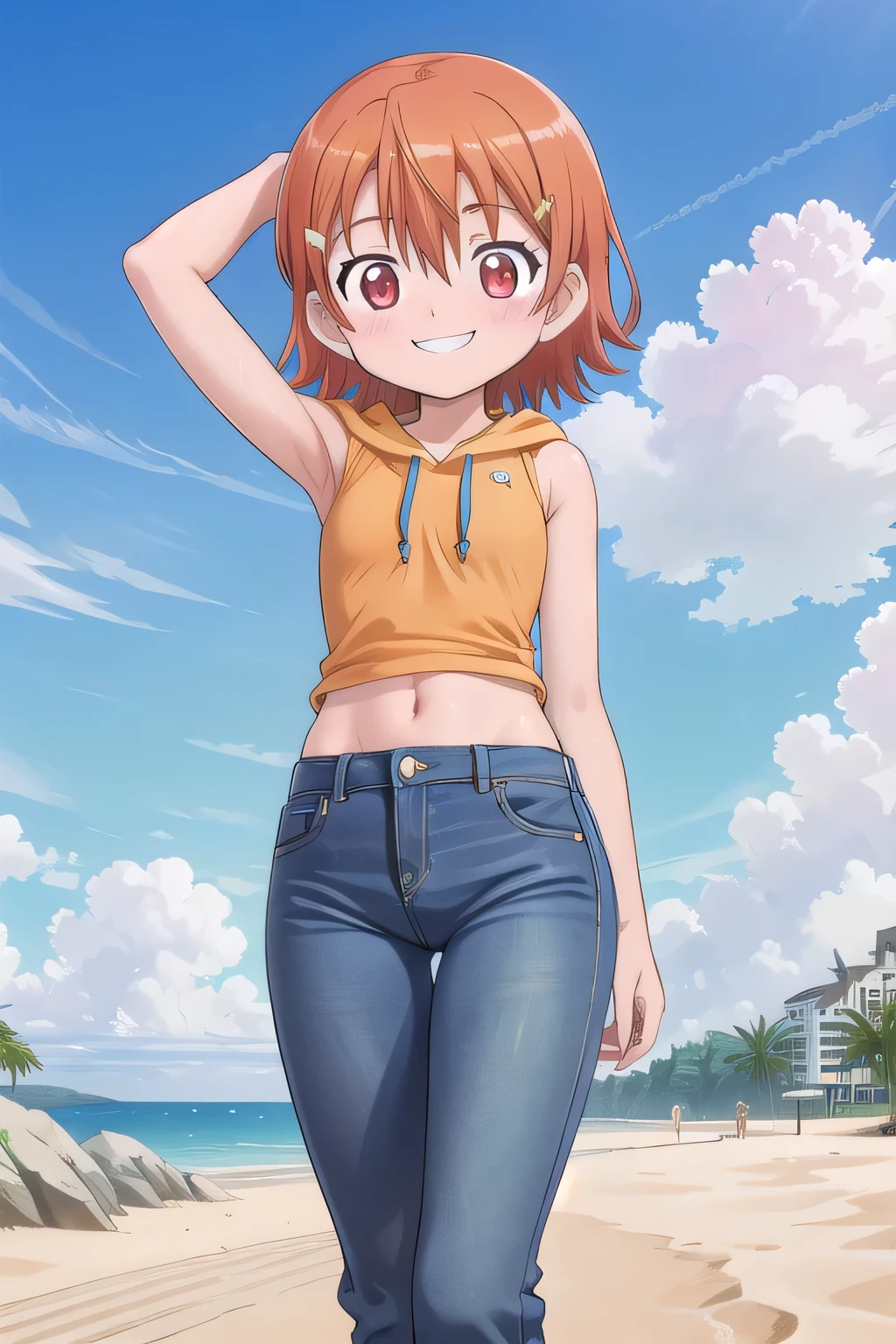 masterpiece,best quality,ultra detail,1girl, 14yo, petite, ((round face, ecstasy, orgasm face, drooping eyes, shame smiling, blush)), dropping eyes, sleepy, background((under the beach, (day:1.2), under sand beach, bright sky)), takenouchi_sora, short hair, orange hair, red eyes, arms behind head, contrapposto, spread armpits, looking at viewer,, Yellow hoodie shirt, Yellow crop top, (jeans pants:1.2, flares jeans:1.2, skinny jeans:1.2, blue jeans:1.2), standing, (legs spread:3:1), dynamic pose, Sweaty crotch, Steam from the crotch, from below, full body