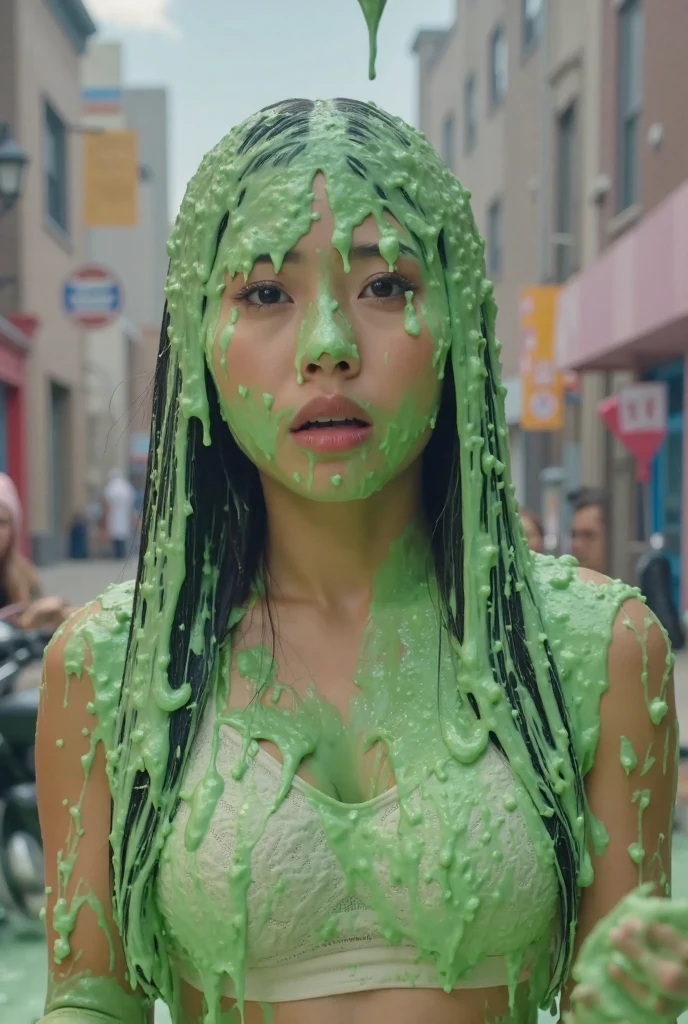 DSLR photograph. Beautiful Korean girl covered in green water. 18 year old. Korean girl. Photorealistic. Nasty slime. Raw photo. New York City. Green Slime. Wearing white lace push-up bra. Black hair. (Asian: 1.1). Beautiful Asian face. Black eyeliner. Long eyelashes.