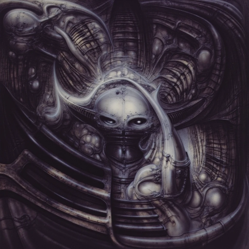 g1g3r, The image is a detailed view of H.R. Giger's \" Biomechanical Landscape No 312 \" plate, featuring a complex network of bones and organs in a purple-brown hue ,swirling gray and brown colors. The image is a 3D rendering of a complex, intricate machine with numerous interconnected tubes and pipes, giving the impression of a highly advanced, futuristic technology.The artwork is silver and purplish brown, with an ivory bones prominently displayed. The image is highly detailed and intricate, almost like a 3d version of a medical diagram (detailed view of an anatomy model, possibly of a human body, with transparent organs and bones exposed). The piece has a thick mechano-organic texture and is covered in fine details. The image has a swirling, organic quality to it. The artistic manner would be unmistakably Gigeresque. A dark and unsettling beauty would permeate the piece, blurring the lines between fascination and repulsion , forever haunted by the grotesque allure. Giger's signature artistic manner would be evident in every stroke. The airbrush would be wielded with masterful precision to create a hyperrealistic yet nightmarish aesthetic.
 The texture of ivory with signs of burning and fossilization can be seen in the mix of smooth and rough brushstrokes. By Peter mohrbacher, ooze soaked pajama top
