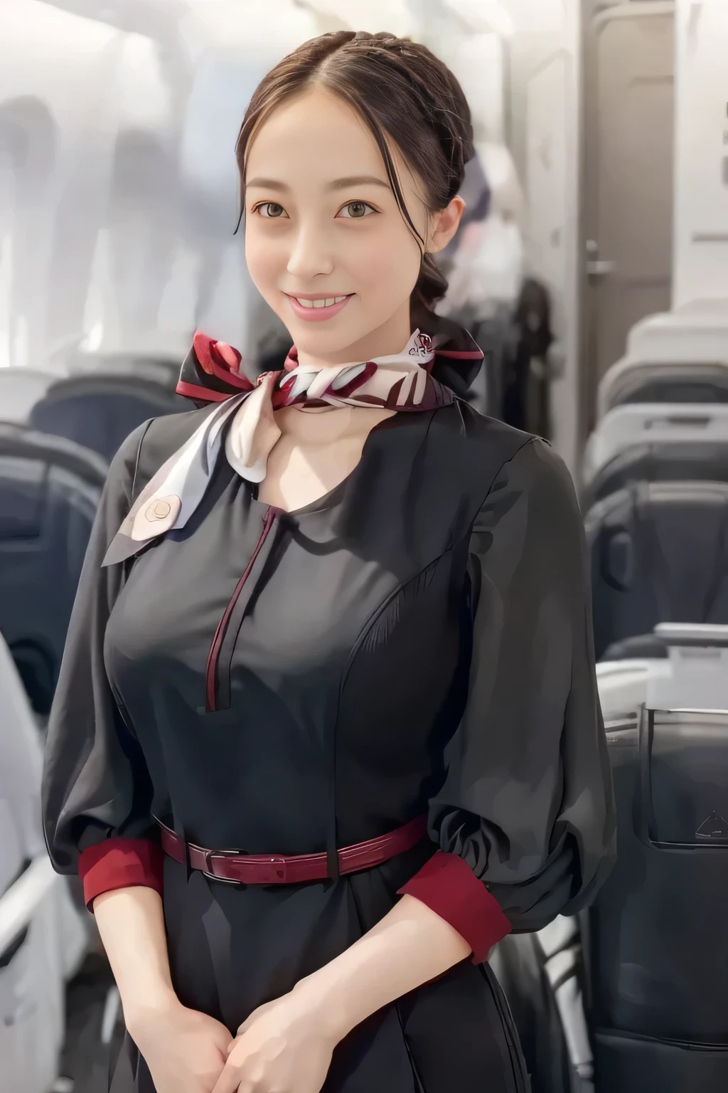 (masterpiece:1.2,  top quality :1.2), 32kHDR,  high definition  , (Alone、  1 girl)、（ on board）、In-flight background、（  wearing a JAL flightattendant uniform  ）、（（ short sleeve jumper skirt in a JAL flightattendant uniform {x} JAL flightattendant uniform 、Red belt wrapped around the waist  、 Scarf around the neck ））、  dark brown hair  、（  Super Long Hair Wrap Hair、Braid Wrap Up Hair ）、 、 long hit 、Big Breasts、Thin legs、（（ amazing hands：2.0）），（（ harmonious body proportions ：1.5）），（（Normal limbs：2.0）），（（Usually ：2.0）），（（ Delicate eyes：2.0）），（（Normal eyes：2.0））)、smile、（ beautiful standing figure wearing a JAL flightattendant uniform  ）、Hands folded under the body 