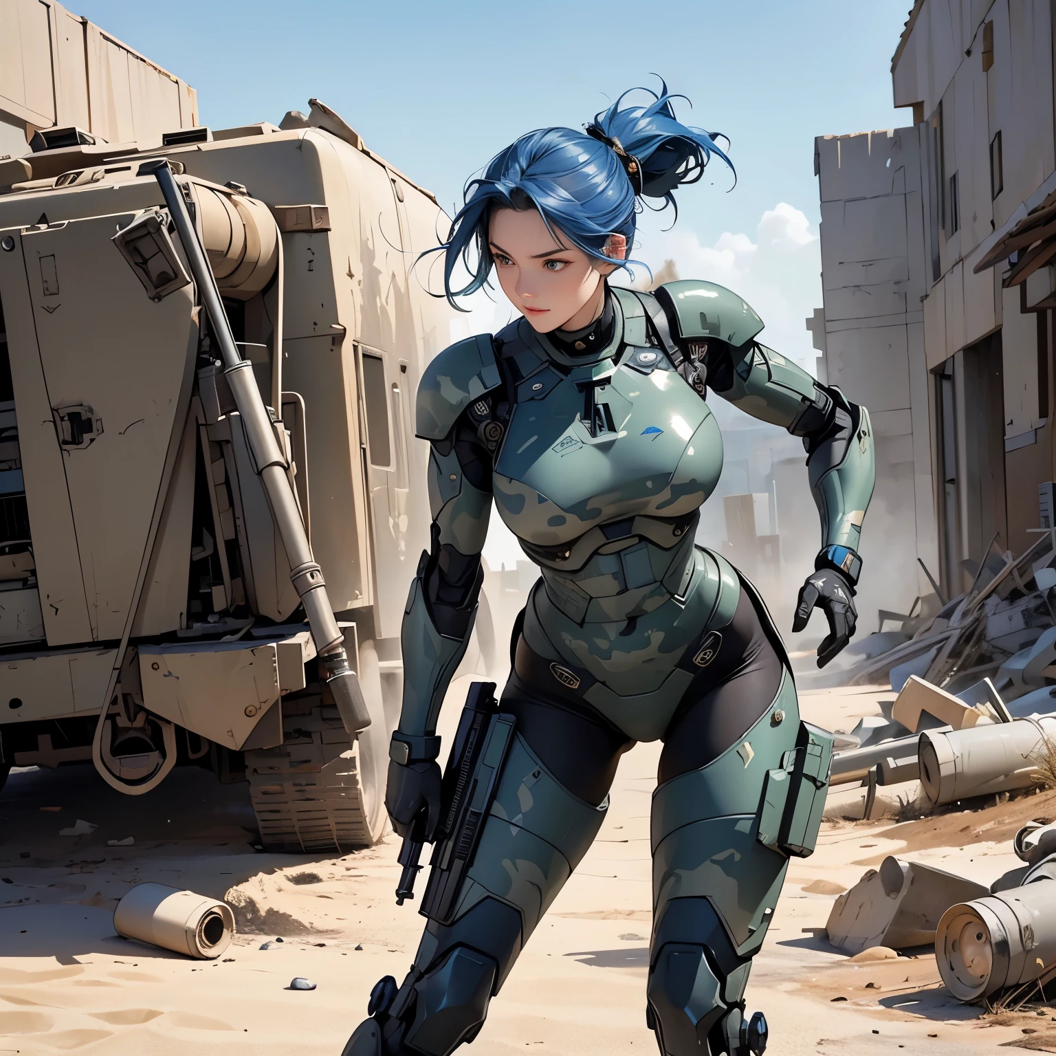 nsfw, anime screencap, 16K, perfect anatomy proportion body, action, A dynamic composition with a sense of speed and movement, (Hold an assault rifle:1.6), a wife, 40age, perfect beautiful delicate sexy face, perfect beautiful delicate eyes, blue hair, Medium perm hair, large breasts, abs, Camouflage-colored heavy armored steam engine full armor powered suit, Many heavily armored robot soldiers are engaged in a firefight in the background., Flying bullets, The battlefield of a ruined ancient city, war, Post-apocalyptic,