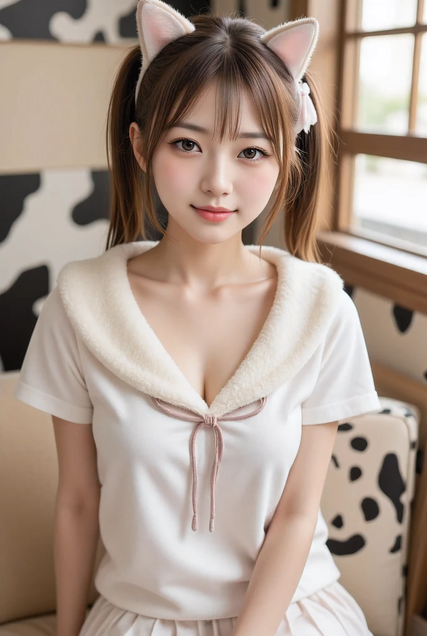 Masterpiece, 8k, Photorealistic, Raw photo, top-quality,Beautiful Japanese women ,
japanese high-school girl with light brown Ponytail hair and natural makeup, sitting and wearing a Cow pattern school uniform and Cat ears, with fluffy fur accents, Cow pattern painted background wall, Closeup,
(Plump breast:1.5), (From below1.3),