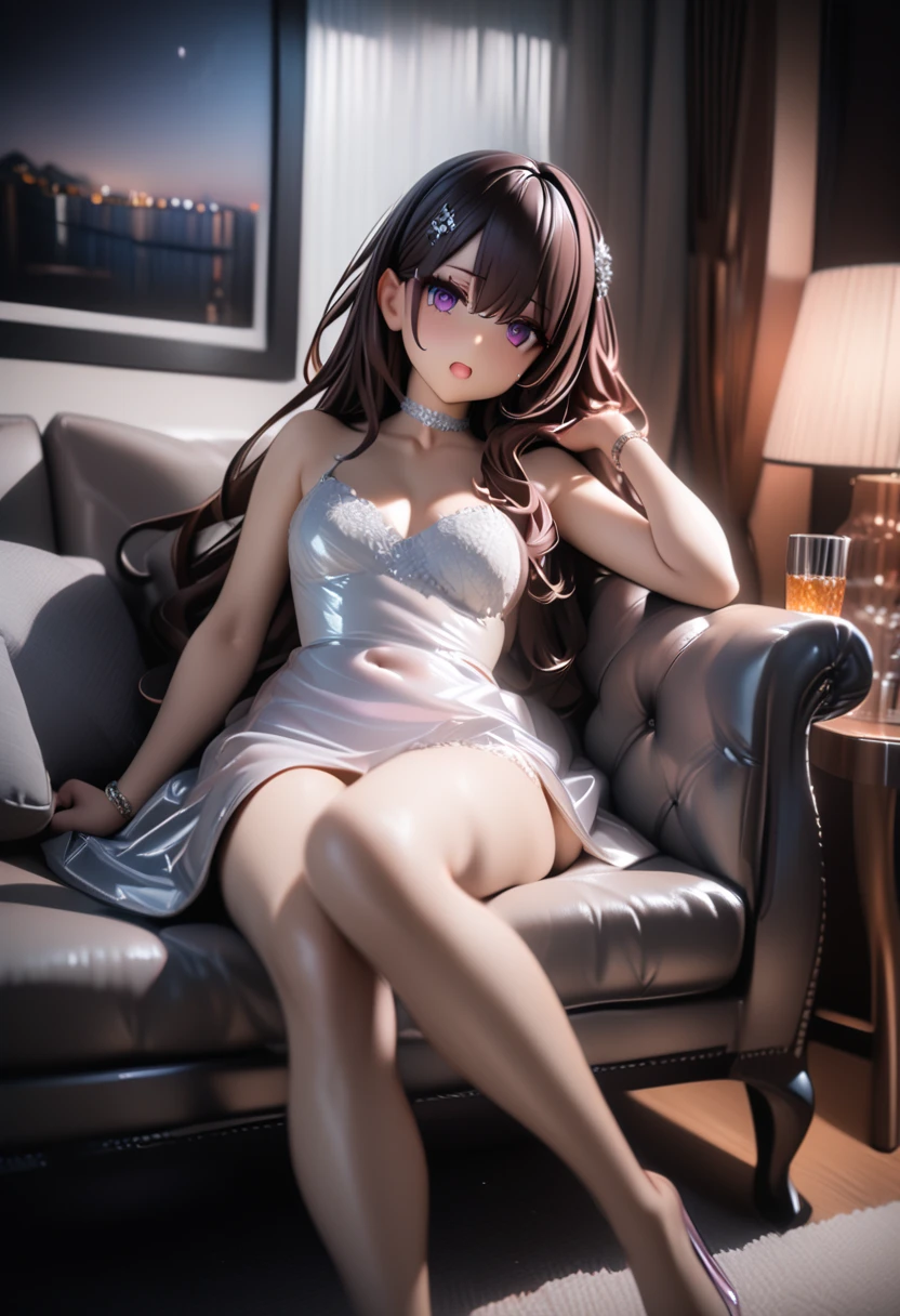 8k, Canon EOS, ((highest quality)), ((masterpiece)), (extremely detailed), plastic skin, 1girl, solo, living room, reclining on sofa, afterglow, brown hair, long hair, smooth hair, hair ornament, satin dress, choker, bracelet, emotionless, half open mouth, purple brown eyes, glass eyes, shining eyes, looking afar, detailed face