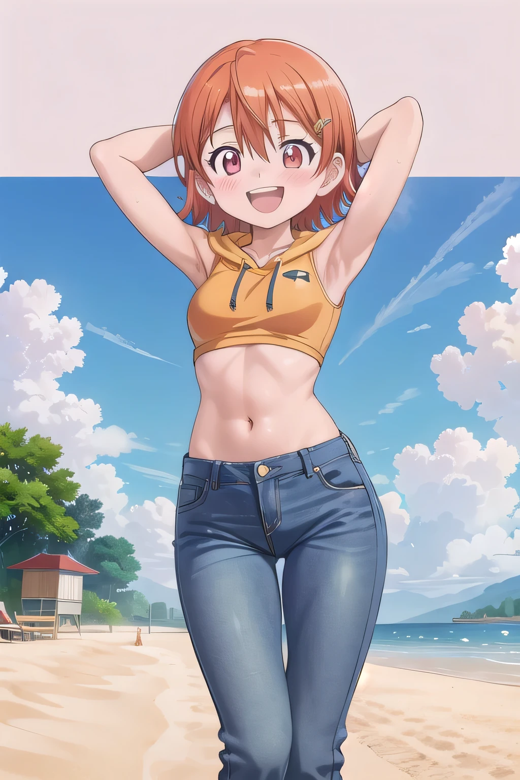 masterpiece,best quality,ultra detail,1girl, yo, pee, ((round face, ecstasy, orgasm face, drooping eyes, shame smiling, blush)), dropping eyes, sleepy, background((under the beach, (day:1.2), under sand beach, bright sky)), takenouchi_sora, short hair, orange hair, red eyes, arms behind head, contrapposto, spread armpits, looking at viewer,, Yellow hoodie shirt, Yellow crop top, (jeans pants:1.2, flares jeans:1.2, skinny jeans:1.2, blue jeans:1.2), standing, (legs spread:3:1), dynamic pose, Sweaty crotch, Steam from the crotch, from below, full body