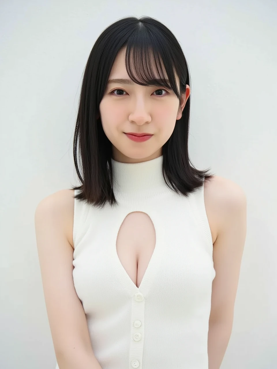 ((( High resolution,top quality, super detailed, Masterpiece , very detailed,realistic,real person,Ultra detailed skin))) ,simple background, from front, medium shot, looking at viewer , light smile, (standing), arms behind back, black hair, medium hair, medium breasts, cleavage, (white sweater,turtleneck,sleeveless,cleavage cutout)