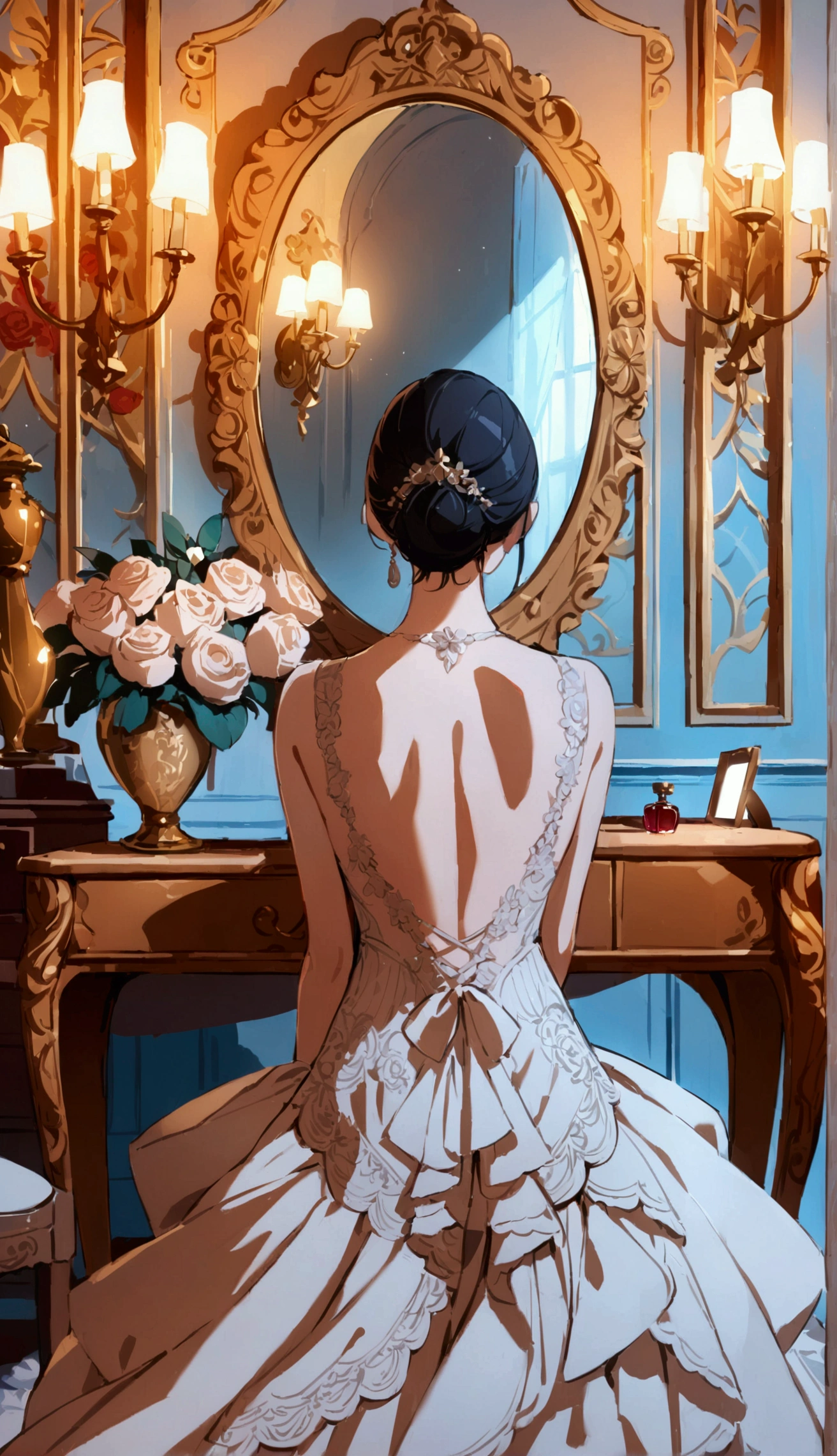 (Masterpiece, High Quality, High Definition, 4k, 8k, detail), an elegant woman sits in a plush fitting room chair, wearing an open-back dress. The room is softly lit by the warm golden light emanating from the vintage chandelier above. She is putting the final touches on her makeup, facing an elaborately decorated antique mirror. Her back is beautifully exposed, highlighted by the intricate design of the straps of her blue dress. The room is filled with delicate details: a velvet chair, an antique perfume bottle on a wooden dressing table, and a bouquet of fresh roses in a vase. The ambiance is serene and one is filled with anticipation for the grand event she is about to attend. Chic colors, cinematic
