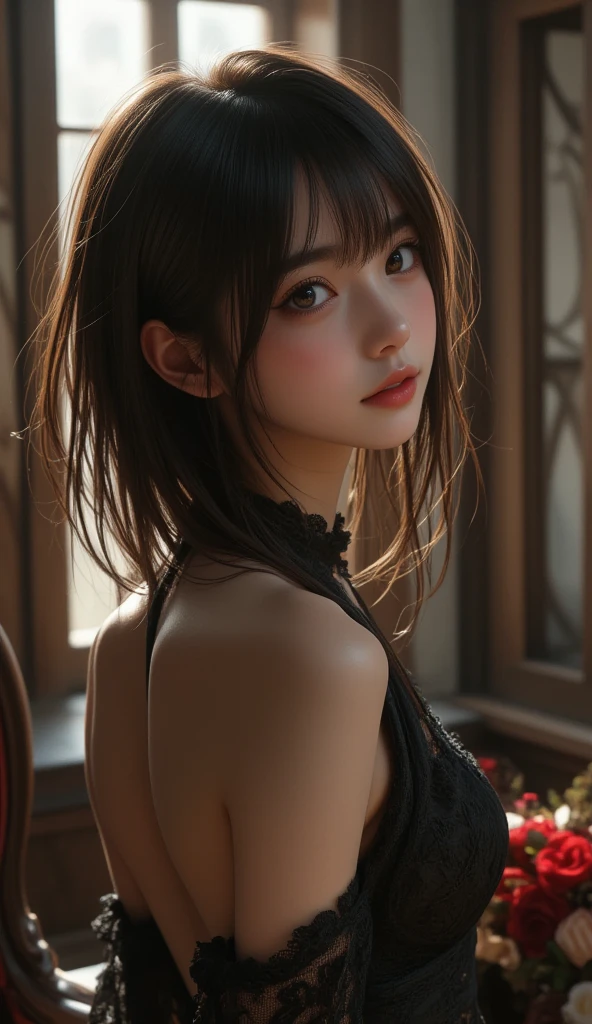  Long Black Dress with Open Back ,  lip gloss,  (masterpiece, 最 High Quality :1.2),  1 girl, stockings,compensate,  bimbo,  dynamic ballroom dancing shots, (the above: 1.0), close-upフォトリアリズム,  noir,最  High Quality  ,  very detailed,  One Girl  , bright window light  ,Minimalist Room,Soft Shadows,  a mystical atmosphere ,   show me a beautifully detailed portrait ,    SHORT BOB HAIRCUTS  ,  medium breasts,   messy hair , Show me a beautiful detailed portrait  ,   High Quality  , 8k,   Photorealistic ,   very detailed, Dramatic lighting,   bright color , (最  High Quality  ), (  ULTRA DETAIL), ( best illustration), ( best shadow), (  absurd),、  ulzzang-6500-v1  .1, (  RAW photo :1.2), (  Photorealistic :1.4),   girl with beautiful details  ,  Backless Dress Designs ,  dark gothic , Shining Dark Eyes ,  Delicately Detailed Black Lace Dress ,  Backless Dress Designs ,  Realistic Flowing Fabric ,  Translucent Sheer Sleeves , Delicate lace pattern, Realistic Fabric Reflections ,  The folds and wrinkles of the dress are highlighted by lighting,  dark gothic  and mysterious mood, look back, Cool Beauty,  best amazing figure , Wear an elegant and gorgeous black satin halter neck dress, 