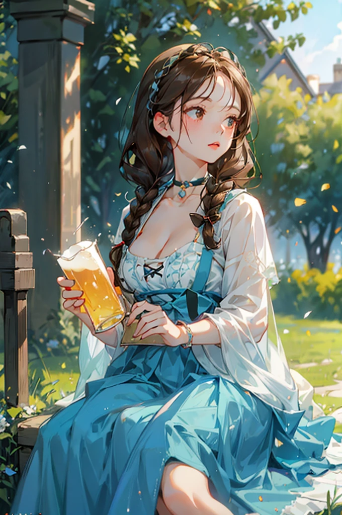 a woman in a costume holding a beer glass outside in a garden, 1girl, breasts, braid, cleavage, jewelry, solo, freckles, twin braids, cup, german clothes, brown hair, bracelet, blue skirt, large breasts, long hair, dirndl, holding cup, outdoors, looking at viewer, watermark, day, mug, holding, short sleeves, choker, tree