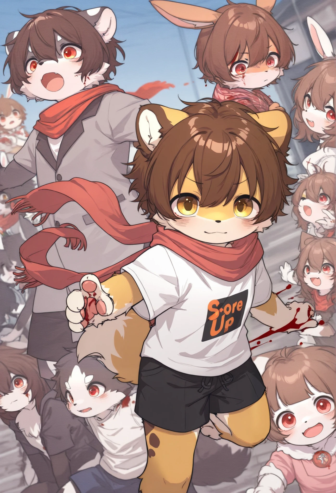 Bunny Girl，furry girl， **ddlers， Brown hair ，Red scarf， shorts，Short sleeve，Blood