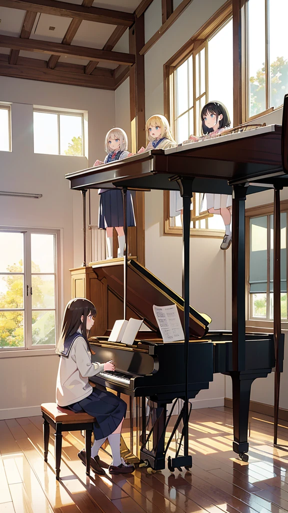 “High school music room with wooden floors and large windows letting in soft sunlight. A small group of students, mostly in school uniforms, stand around an old piano, practicing their choir performance. The mood is warm and serene, with a sense of teamwork and harmony. One girl, the main character, stands out as she confidently leads the practice.”