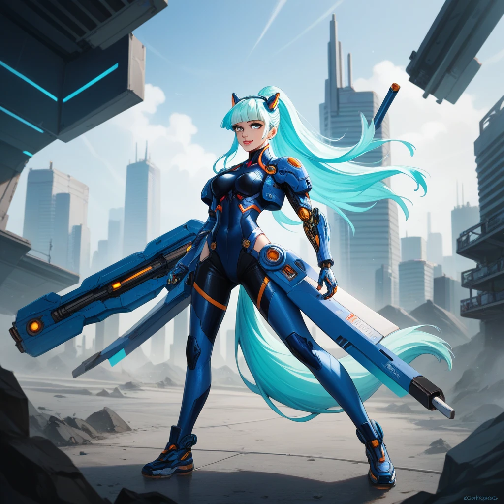 An asian girl with short, pony-tailed hair, her eyes sparkling with determination. She wears cybernetic uniform, customized with lighter armor to reflect her role as an agile fighter. Her exo-suit is sleek and modern, with glowing Aetherium energy. Jaelyn wields a compact, futuristic plasma blade and an energy gauntlet on her left arm. Her pose is playful yet resolute, standing amidst a battlefield, her squad behind her. War-torn background, city ruined. Art style is sharp, clean, and vibrant, typical of modern 2D anime character illustrations. Medium: 2D digital anime art Style: Futuristic, cyberpunk, and sleek Composition: Full-body portrait Colors: Monochromatic with bright cyan highlights