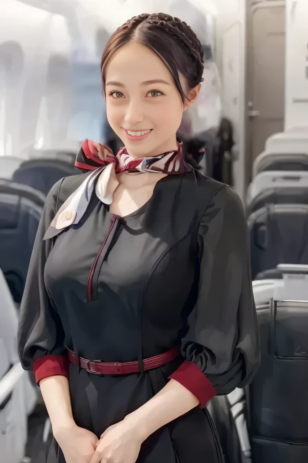 (masterpiece:1.2,  top quality :1.2), 32kHDR,  high definition  , (Alone、  1 girl)、（ on board）、In-flight background、（  wearing a JAL flightattendant uniform  ）、（（ short sleeve jumper skirt in a JAL flightattendant uniform {x} JAL flightattendant uniform 、Red belt wrapped around the waist  、 Scarf around the neck ））、  dark brown hair  、（  Super Long Hair Wrap Hair、Braid Wrap Up Hair ）、 、 long hit 、Big Breasts、Thin legs、（（ amazing hands：2.0）），（（ harmonious body proportions ：1.5）），（（Normal limbs：2.0）），（（Usually ：2.0）），（（ Delicate eyes：2.0）），（（Normal eyes：2.0））)、smile、（ beautiful standing figure wearing a JAL flightattendant uniform  ）、Hands folded under the body 