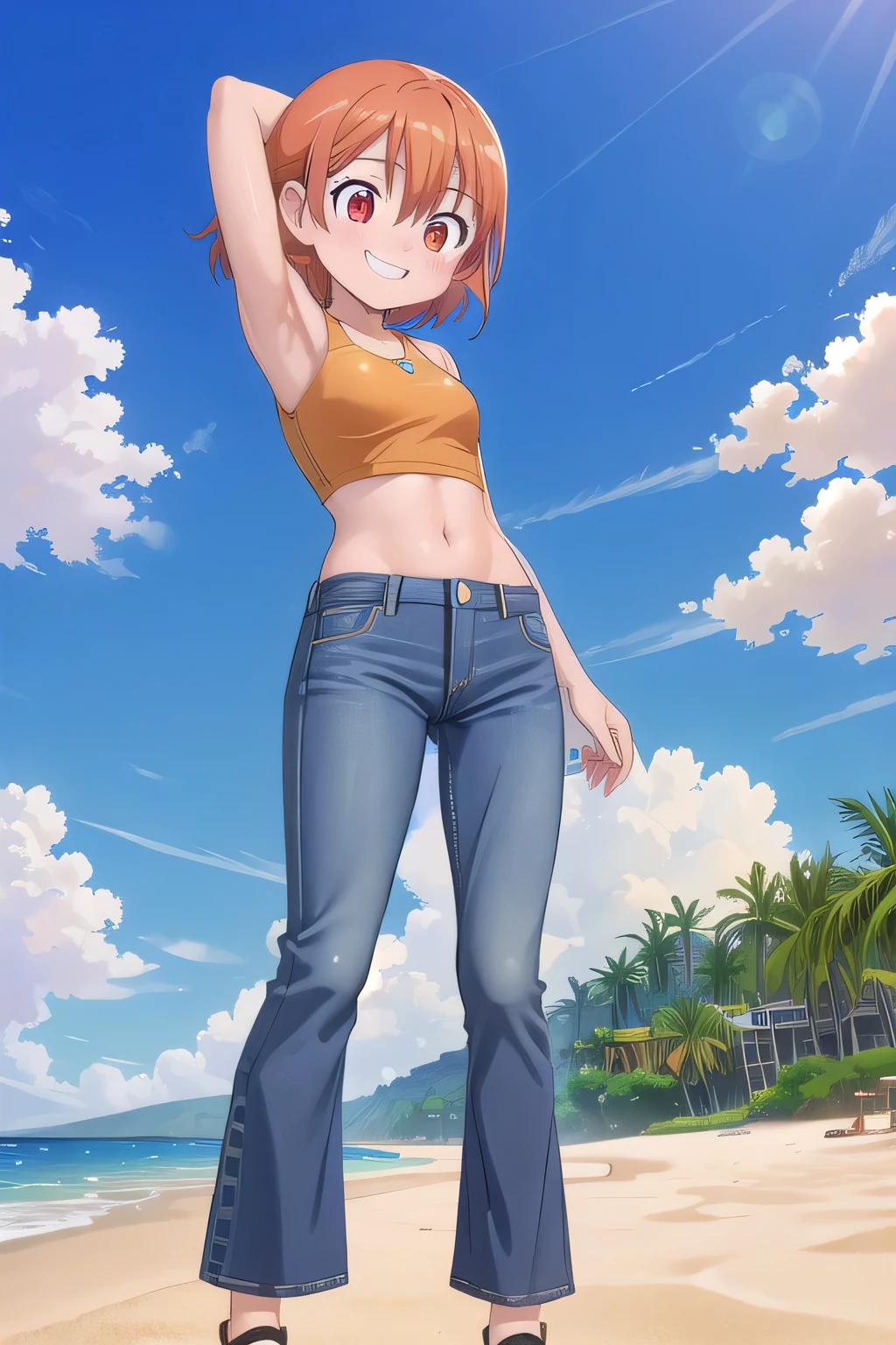 masterpiece,best quality,ultra detail,1girl, 14yo, petite, ((round face, ecstasy, orgasm face, drooping eyes, shame smiling, blush)), dropping eyes, sleepy, background((under the beach, (day:1.2), under sand beach, bright sky)), takenouchi_sora, short hair, orange hair, red eyes, arms behind head, contrapposto, spread armpits, looking at viewer,, Yellow bikini shirt, Yellow crop top, (jeans pants:1.2, flares jeans:1.2, skinny jeans:1.2, blue jeans:1.2), standing, (legs spread:3:1), dynamic pose, Sweaty crotch, Steam from the crotch, from below, full body