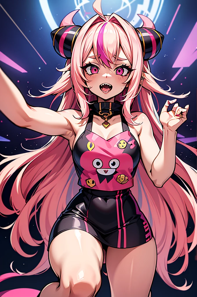 girl anime fantasy design with long pink hair and horns and big eyes, 1girl, solo, teeth, sharp teeth, open mouth, multicolored hair, tongue, looking at viewer, long hair, streaked hair