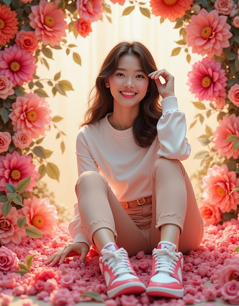 A girl sits on the floor holding flowers,With a playful postmodern flair,Terrain photography,new American color photography,bright orange and sky blue,dark and light pink,lively、exaggerated flower scene