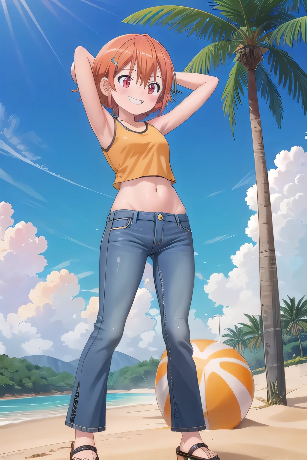 masterpiece,best quality,ultra detail,1girl, yo, pee, ((round face, ecstasy, orgasm face, drooping eyes, shame smiling, blush)), dropping eyes, sleepy, background((under the beach, (day:1.2), under sand beach, bright sky)), takenouchi_sora, short hair, orange hair, red eyes, arms behind head, contrapposto, spread armpits, looking at viewer,, Yellow bikini shirt, Yellow crop top, (jeans pants:1.2, flares jeans:1.2, skinny jeans:1.2, blue jeans:1.2), standing, (legs spread:3:1), dynamic pose, Sweaty crotch, Steam from the crotch, from below, full body