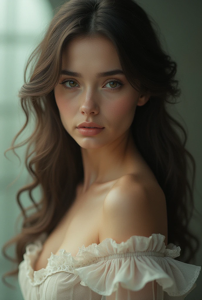pretty girl, long brown wavy hair, charming appearance and light eyes, with an academic body