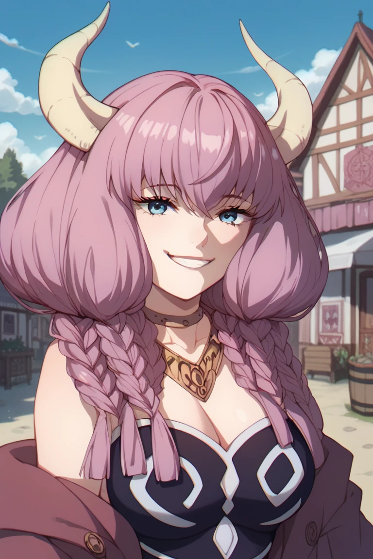   1 girl, Alone, Chest, Large Chest, aura　guillotine, Big Breasts,smile,  viewers, anime style,Around town