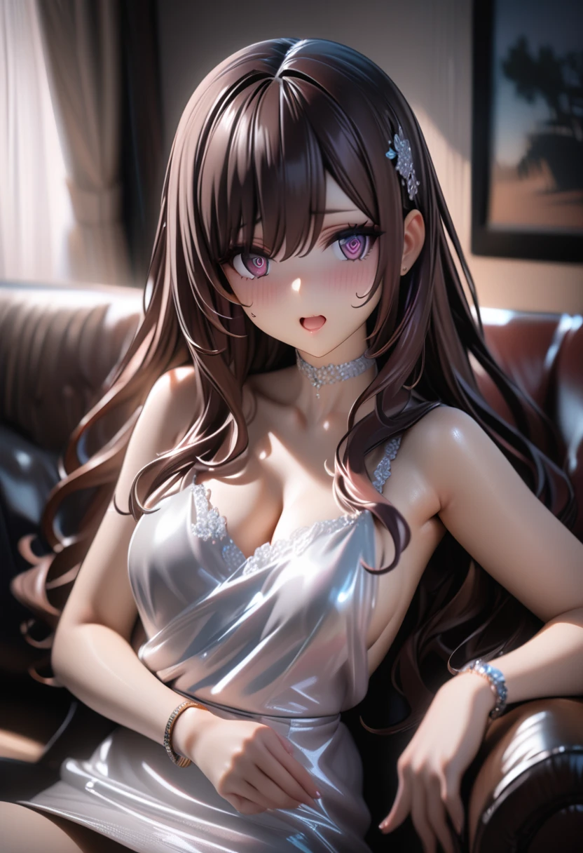 8k, Canon EOS, ((highest quality)), ((masterpiece)), (extremely detailed), plastic skin, 1girl, solo, living room, reclining on sofa, afterglow, (detailed face:1.4) brown hair, long hair, hair ornament, satin dress, choker, jewelry, bracelet, emotionless, half open mouth, purple brown eyes, glass eyes, shining eyes, looking afar,