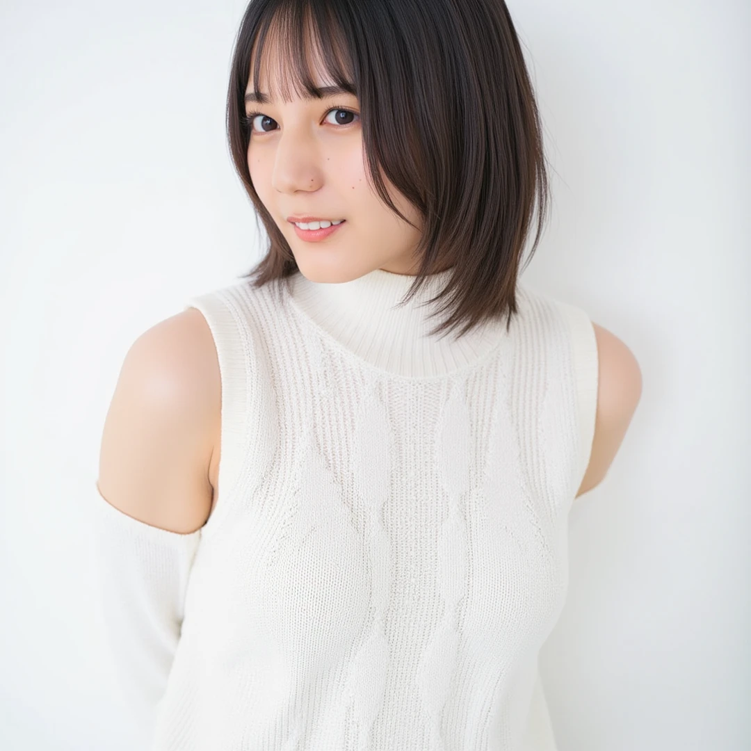 ((( High resolution,top quality, super detailed, Masterpiece , very detailed,realistic,real person,Ultra detailed skin))) ,simple background, from front, medium shot, looking at viewer , light smile, (standing), arms behind back, black hair, medium hair, medium breasts, cleavage, (white sweater,turtleneck,sleeveless,cleavage cutout)