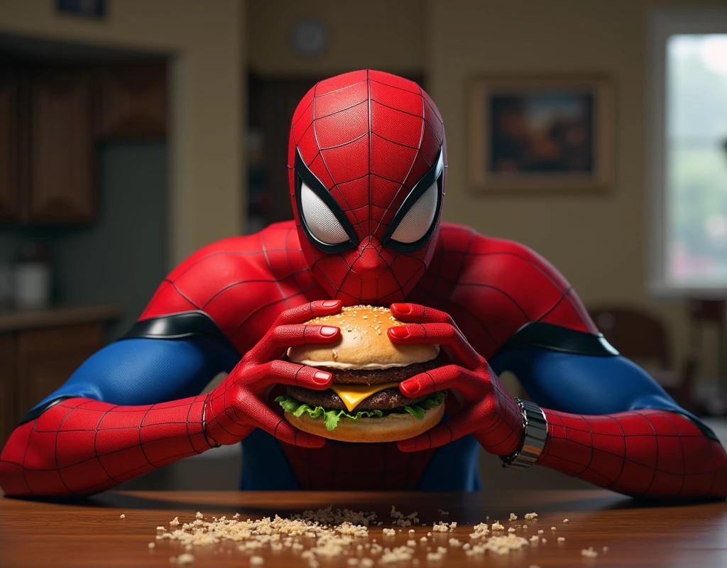 Fat man as Spiderman eating Pizza, superhero, dramatic pose, Fast Food in background, wet, hyper detailed, mist, dark, photorealistic Octane render
