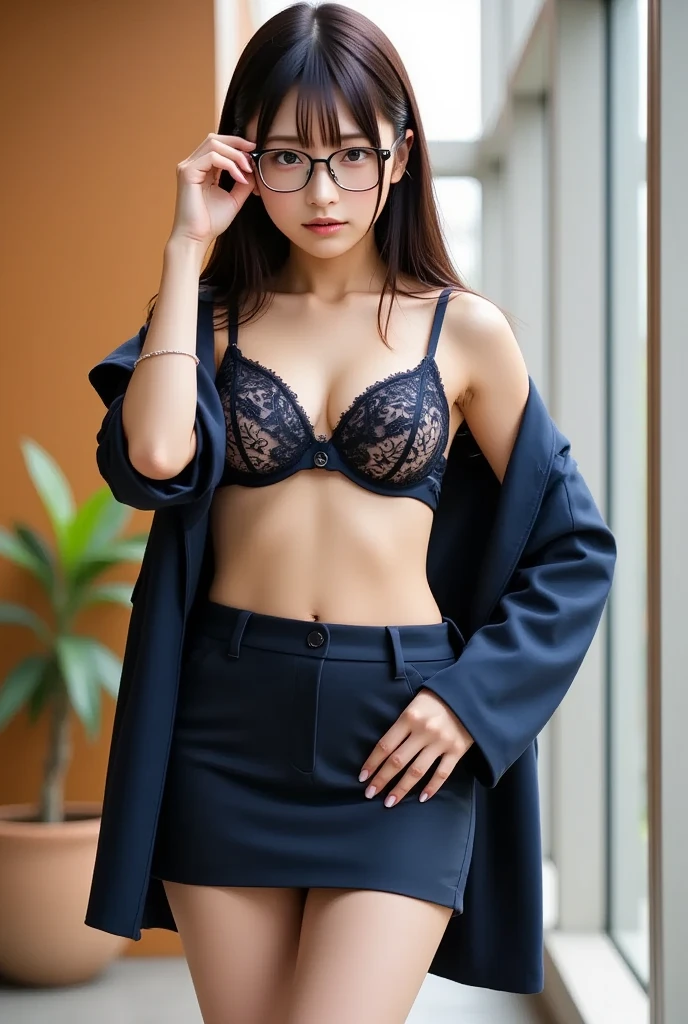 highest quality, Realistic , 8k, High resolution, 1 girl, woman, (Moderate: 1.8), plump, Thick thighs, office, Grey suit, Revealed thighs, Roll up your skirt, At work, officeチェアに座り、Spread your legs wide, Short Hairstyles, Bronze colored hair, Black-rimmed glasses((((sexy)))、((Panties in full view:1.05))、((Spread your legs wide:1.45))、((Bra full look:1.05))、