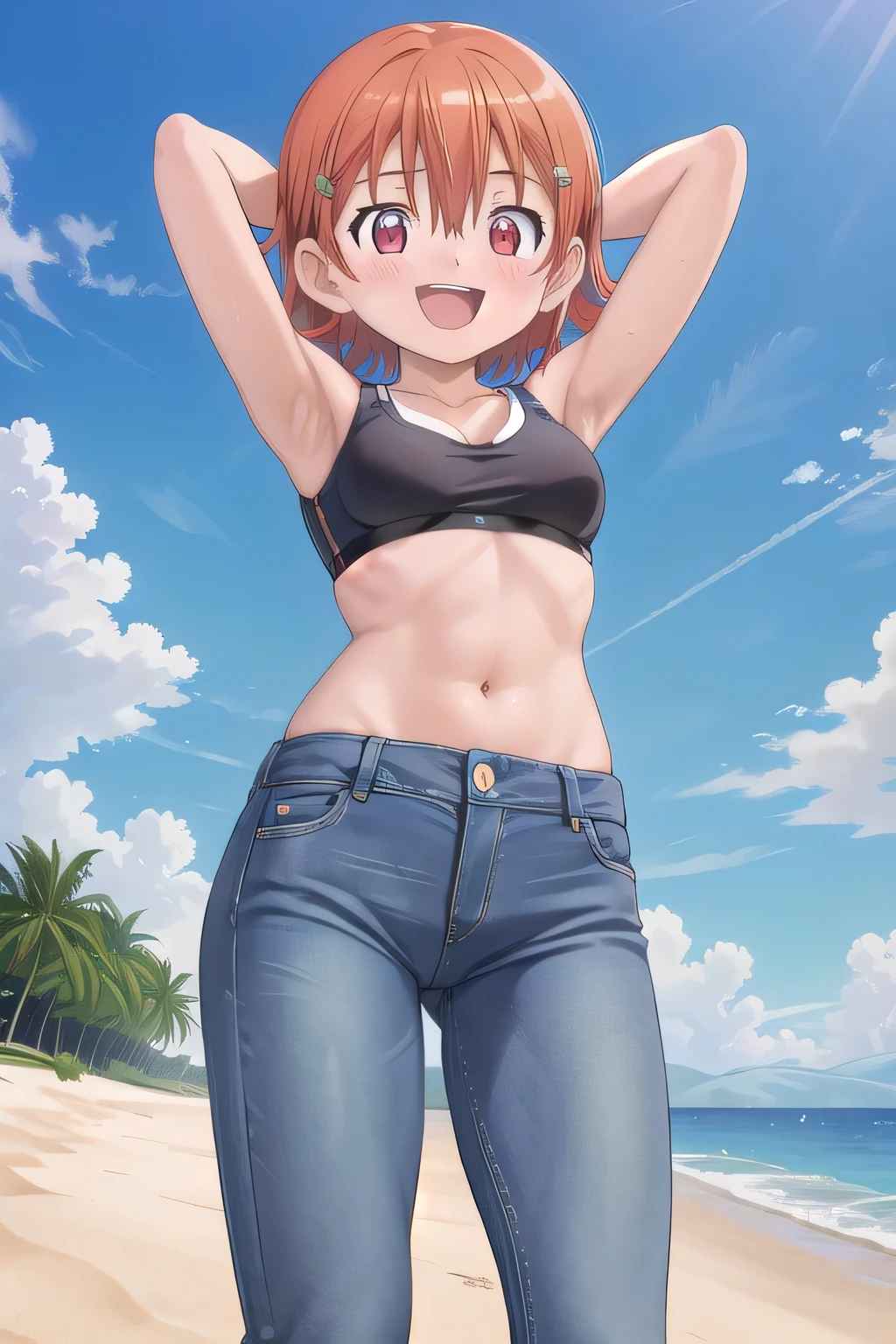 masterpiece,best quality,ultra detail,1girl, 14yo, petite, ((round face, ecstasy, orgasm face, drooping eyes, shame smiling, blush)), dropping eyes, sleepy, background((under the beach, (day:1.2), under sand beach, bright sky)), takenouchi_sora, short hair, orange hair, red eyes, arms behind head, contrapposto, spread armpits, looking at viewer,, Yellow Sports bra, Yellow crop top, (jeans pants:1.2, flares jeans:1.2, skinny jeans:1.2, blue jeans:1.2), standing, (legs spread:3:1), dynamic pose, Sweaty crotch, Steam from the crotch, from below, full body