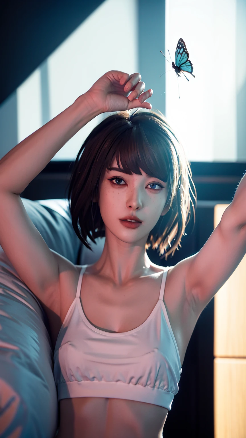 Maxine Caulfield from Life Is Strange, wearing shades eyewear, arms up, bare, adult content, dark lipstick, dark eyeline makeup, slender arms, detailed body, from below, minimum, harmony, tranquility, aesthetic, natural lighting, blue sky, 1 Girl , 19-years-old, slender, floating Medium Hair, bangs, (Gothic_Punk:1.2), masterpiece, best quality, RAW Photos, sigma 50mm f1.4, candytt, NSFW, hot, attractive, beautiful, aesthetic, consistent, hot, pretty, gangster, urban, delicate face, y2k, orgasm, estrogen, bling, flattering, intimidating, foward rendering, raycasting, raytracing, RTX, Nvidia CUDA, blue butterflies swarming around her, sparkles fx around the subject, chromatic aberration, retinal accuracy, sRGB color gamut, depth of field, highly favored, red carpet, amazing quality, superior detail and fidelity, high fidelity, maximum resolution, blooming, fabulous, optimal and optimized memory, tight fit, freckly, staring at viewer, professional effort shot, shot in 4k, modern simplistic home, bloom, perfect contrast, perfection, light and shadow balance, photoshopped, enhanced output, sharpness filter, upscaled, clean lens, light rays, symbolism, deep meaning, golden, chest pressed against a white soft pillow, hypersexualized woman