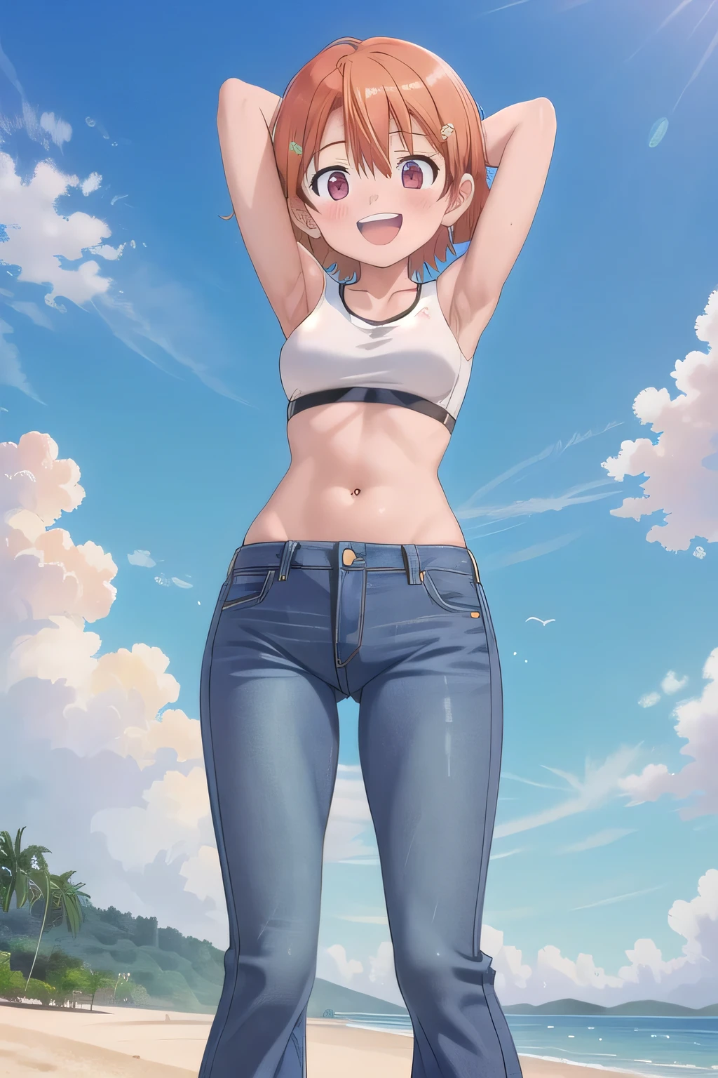 masterpiece,best quality,ultra detail,1girl, yo, pee, ((round face, ecstasy, orgasm face, drooping eyes, shame smiling, blush)), dropping eyes, sleepy, background((under the beach, (day:1.2), under sand beach, bright sky)), takenouchi_sora, short hair, orange hair, red eyes, arms behind head, contrapposto, spread armpits, looking at viewer,, Yellow Sports bra, Yellow crop top, (jeans pants:1.2, flares jeans:1.2, skinny jeans:1.2, blue jeans:1.2), standing, (legs spread:3:1), dynamic pose, Sweaty crotch, Steam from the crotch, from below, full body