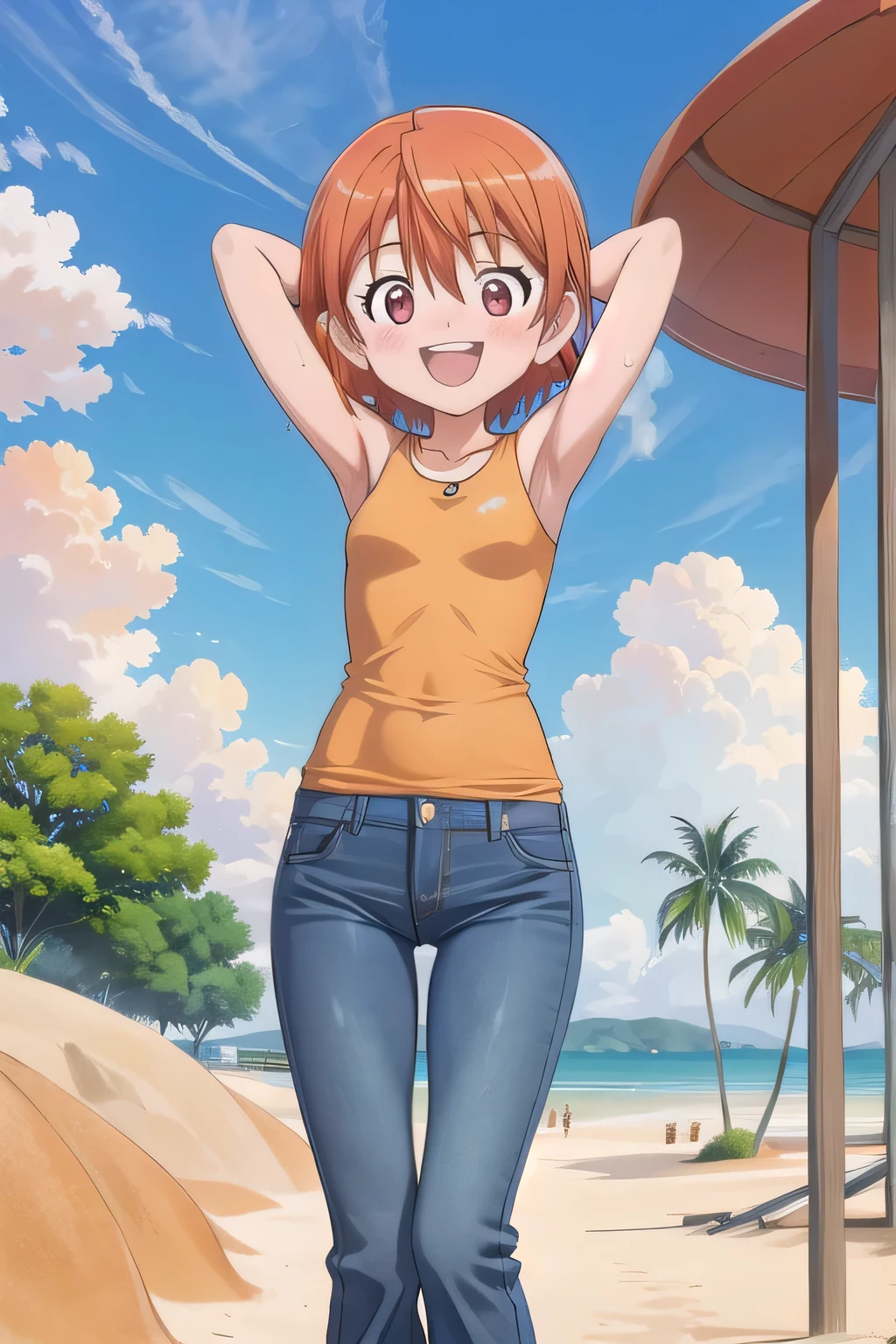 masterpiece,best quality,ultra detail,1girl, **yo, ***ite, ((round face, ecstasy, orgasm face, drooping eyes, shame smiling, blush)), dropping eyes, sleepy, background((under the beach, (day:1.2), under sand beach, bright sky)), takenouchi_sora, short hair, orange hair, red eyes, arms behind head, contrapposto, spread armpits, looking at viewer,, yellow shirt, shirt, sleeveless, (jeans pants:1.2, flares jeans:1.2, skinny jeans:1.2, blue jeans:1.2), standing, (legs spread:3:1), dynamic pose, Sweaty crotch, Steam from the crotch, from below, full body