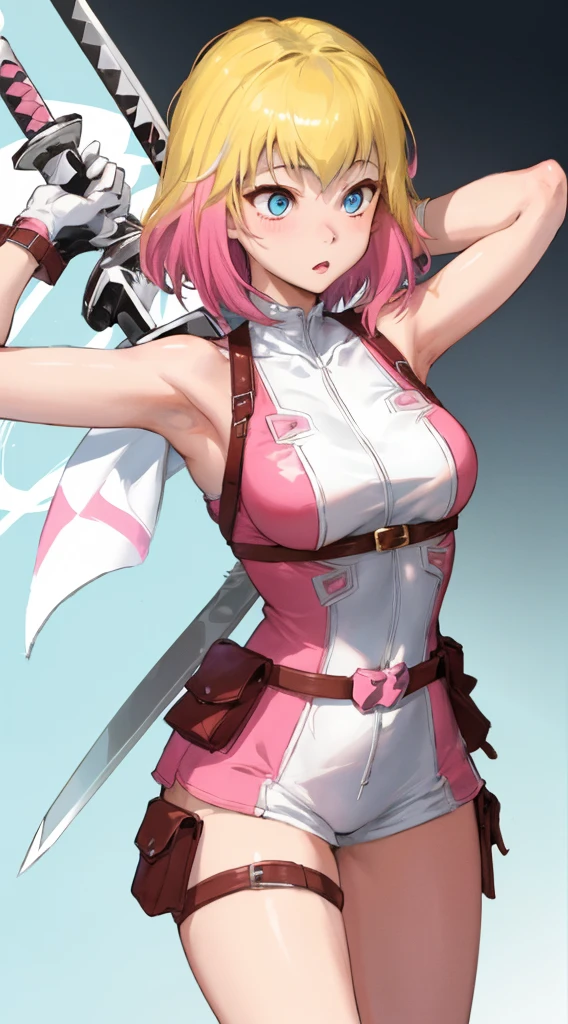 gwenpool, 1girl, weapon, blonde hair, multicolored hair, solo, blue eyes, sword, pouch, smile, mask, superhero, short hair, gradient hair, open mouth, belt, bag, white background, two-tone hair, pink hair, breasts, adapted costume, animification, gloves, belt pouch, looking at viewer, leotard, camel toe