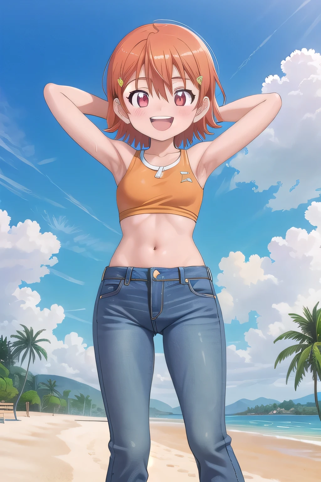 masterpiece,best quality,ultra detail,1girl, yo, pee, ((round face, ecstasy, orgasm face, drooping eyes, shame smiling, blush)), dropping eyes, sleepy, background((under the beach, (day:1.2), under sand beach, bright sky)), takenouchi_sora, short hair, orange hair, red eyes, arms behind head, contrapposto, spread armpits, looking at viewer,, Yellow bikini shirt, Yellow crop top, (jeans pants:1.2, flares jeans:1.2, skinny jeans:1.2, blue jeans:1.2), standing, (legs spread:3:1), dynamic pose, Sweaty crotch, Steam from the crotch, from below, full body